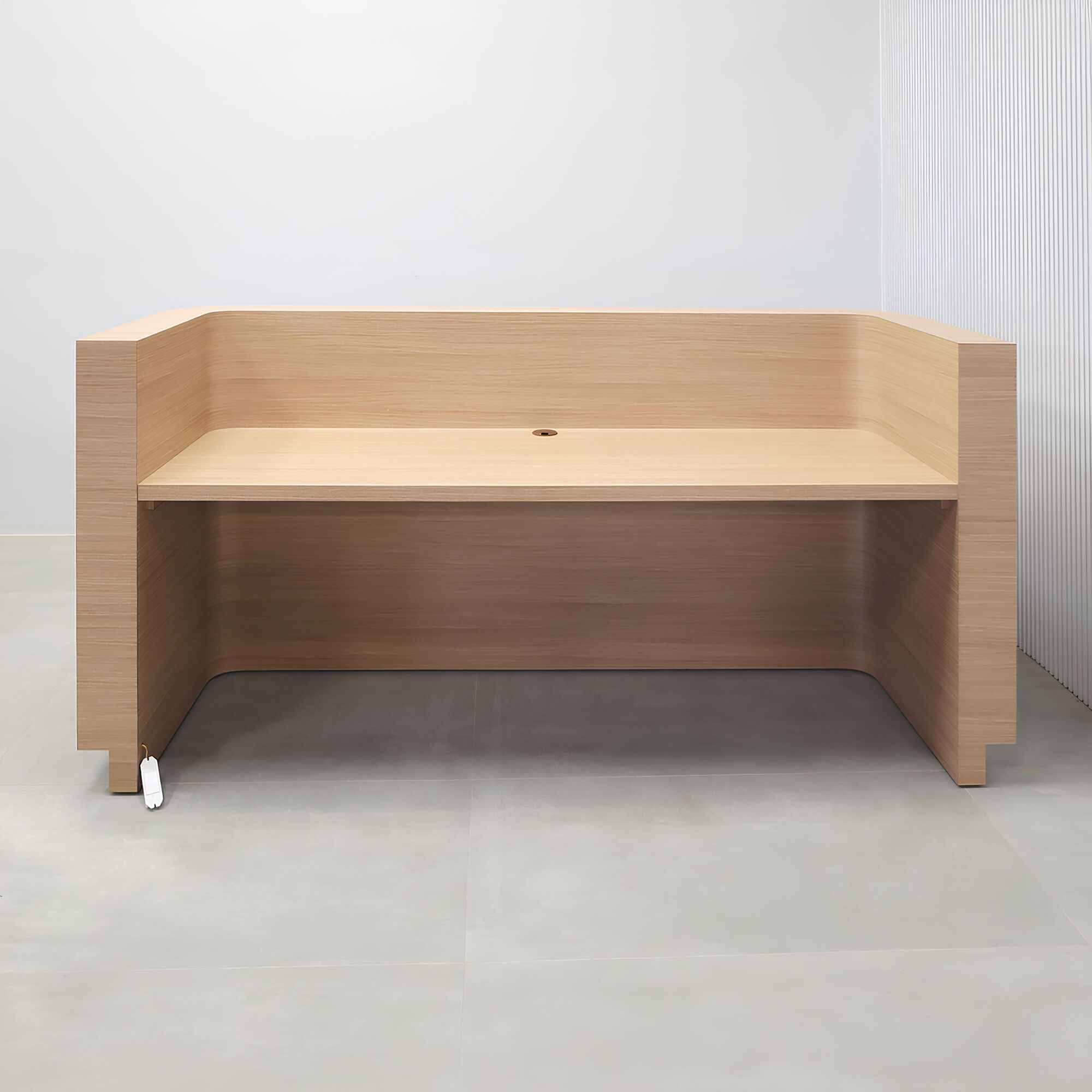 90-inch Nola Straight Reception Desk with light wood laminate main desk & accent, brushed aluminum toe-kick, and white LED.
