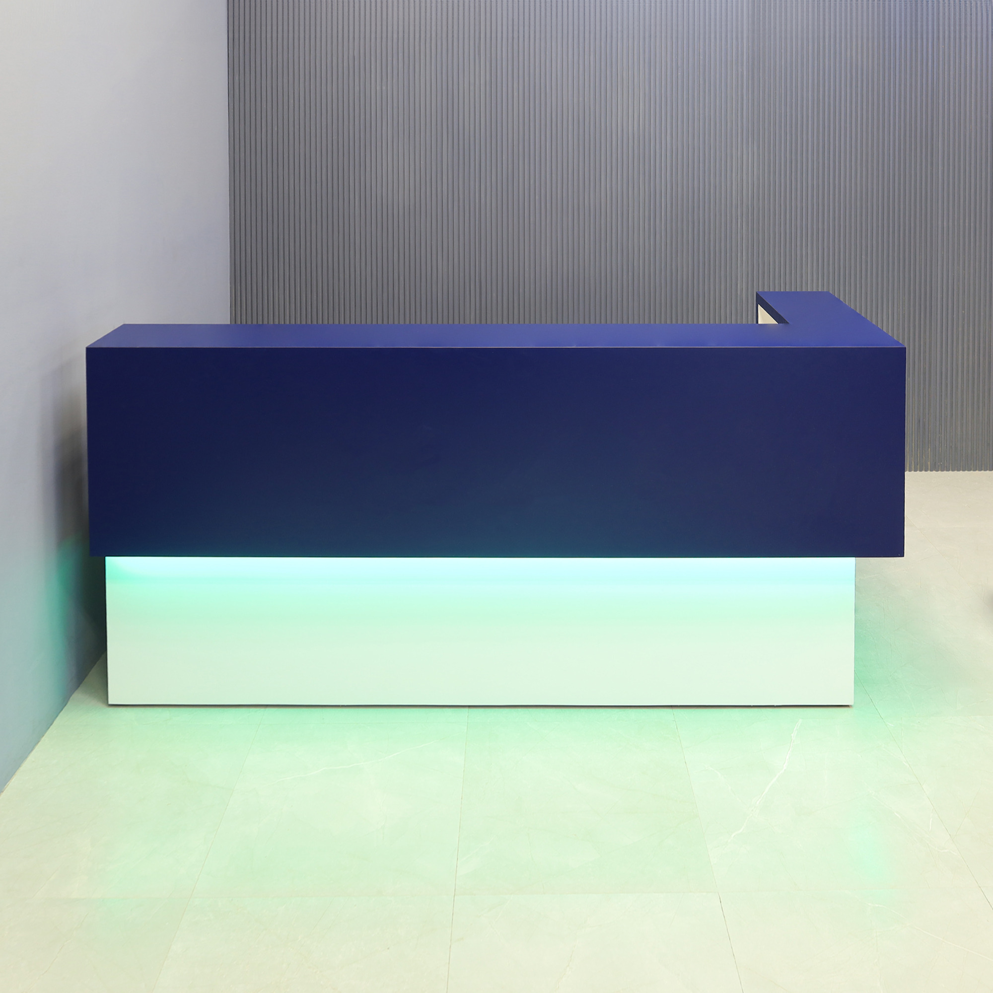 90-inch San Francisco L-Shape Reception Desk, right l-panel side when facing front in blue navy matte laminate counter and white matte laminate desk, with color LED, shown here.