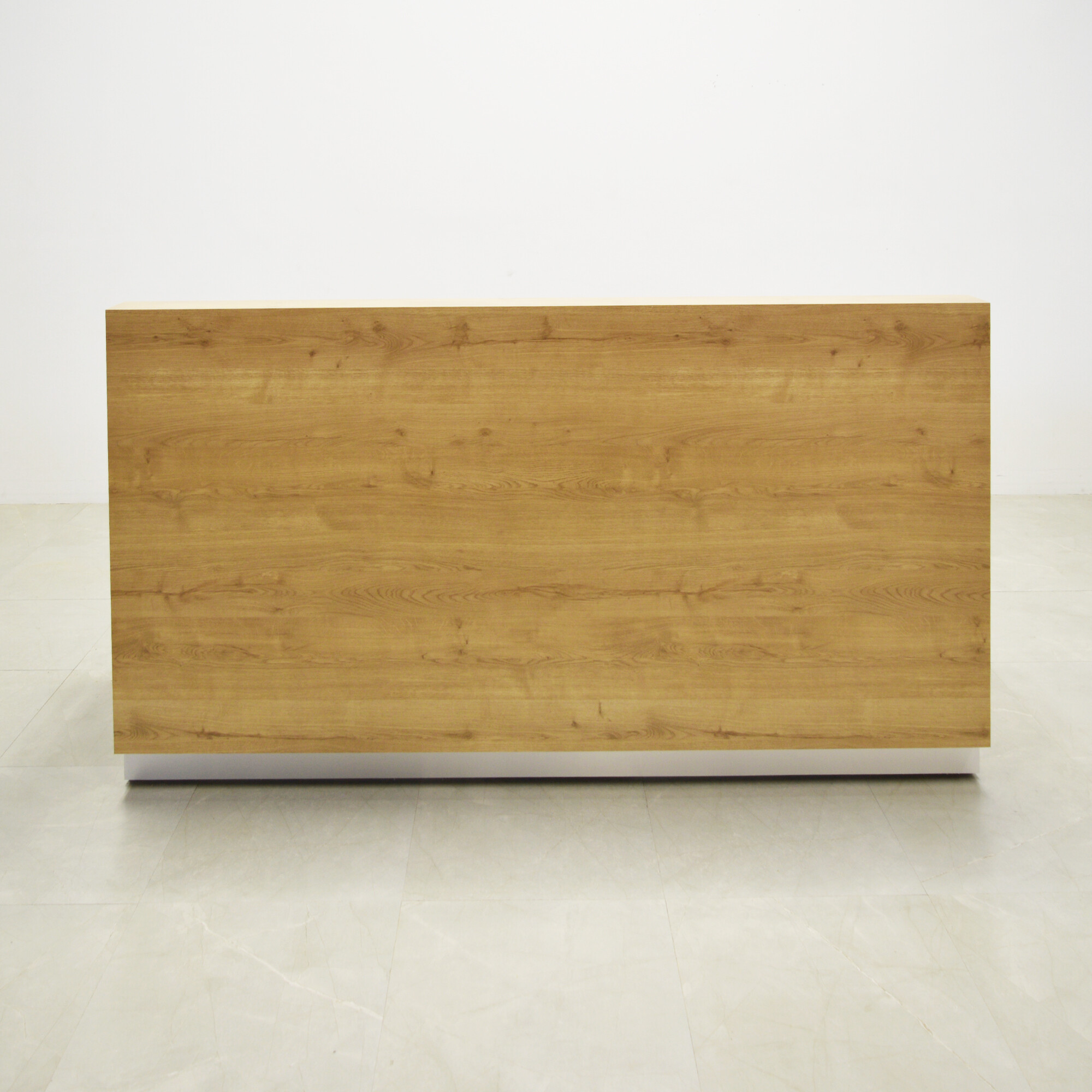 90-inch Dallas Straight Custom Reception Desk in planked urban oak matte laminate main desk and brushed aluminum toe-kick.