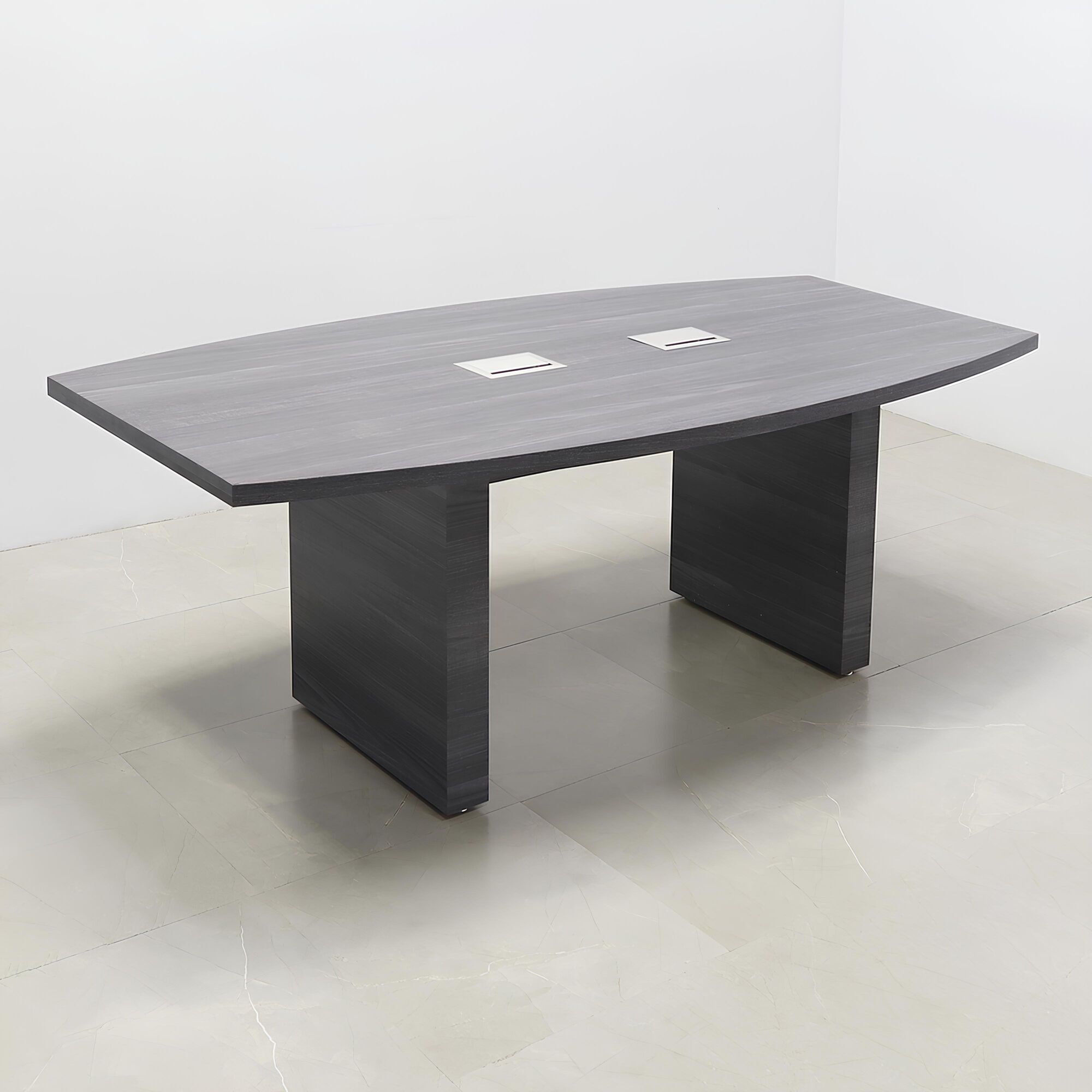 90-inch Newton Boat Shape Conference Table with storm teak wood matte laminate top, storm teak wood matte laminate standard base, 2 silver MX3 power box.