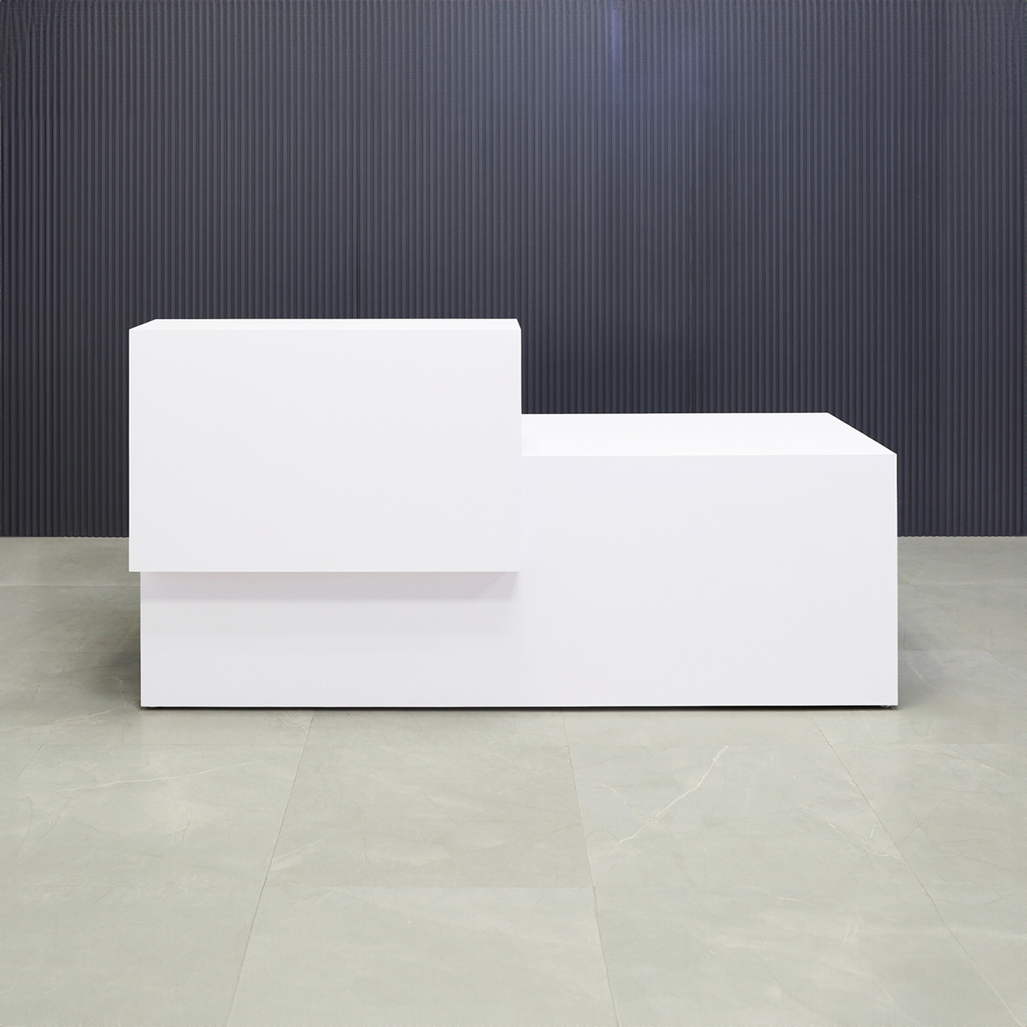 90-inch Los Angeles Reception Desk, left side counter when facing front, in white gloss laminate counter and desk, shown here.