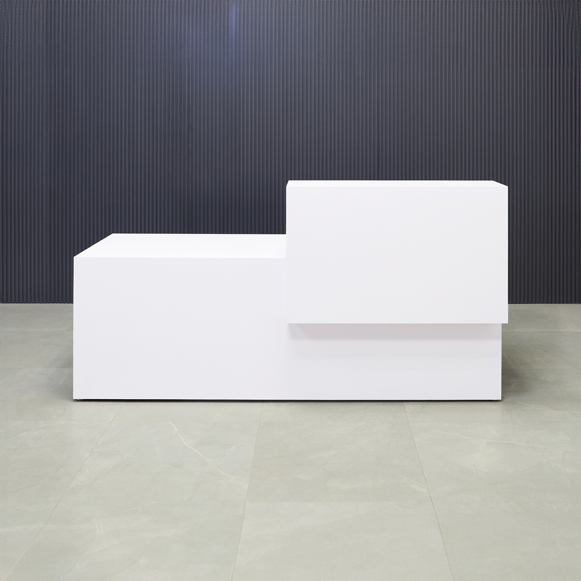 90-inch Los Angeles Reception Desk, right side counter when facing front, in white gloss laminate counter and desk, shown here.
