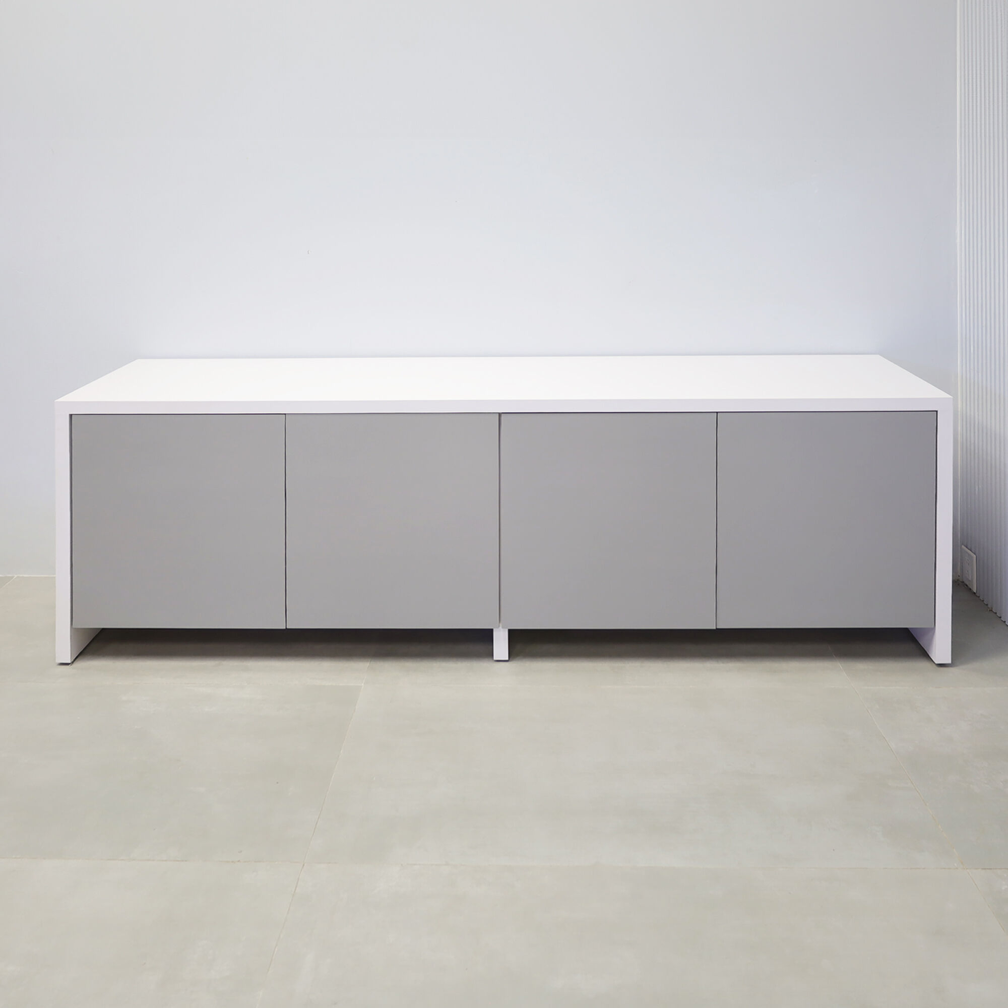 90-inch Boston Storage Credenza with white gloss laminate credenza and light gray gloss laminate.