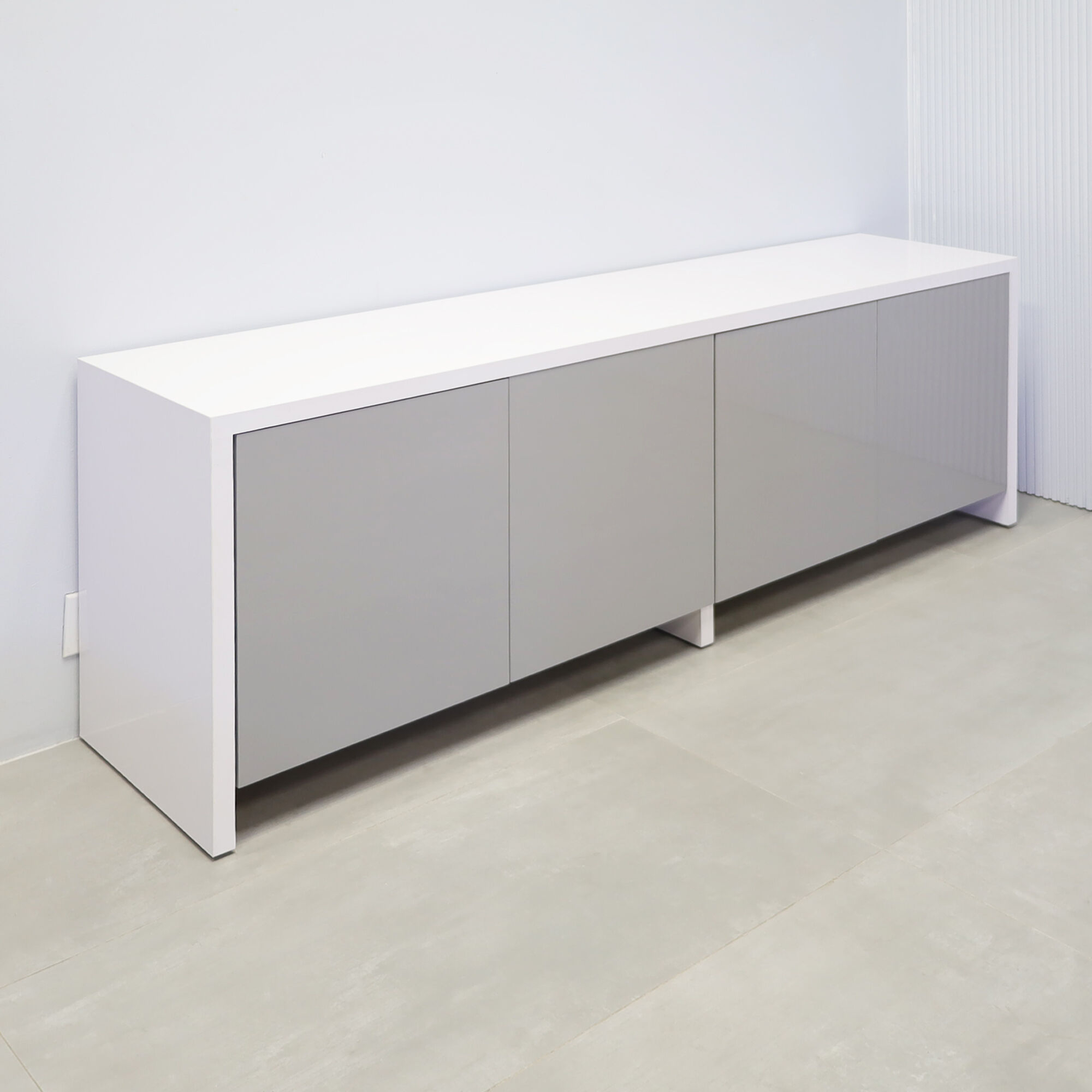 90-inch Boston Storage Credenza with white gloss laminate credenza and light gray gloss laminate.