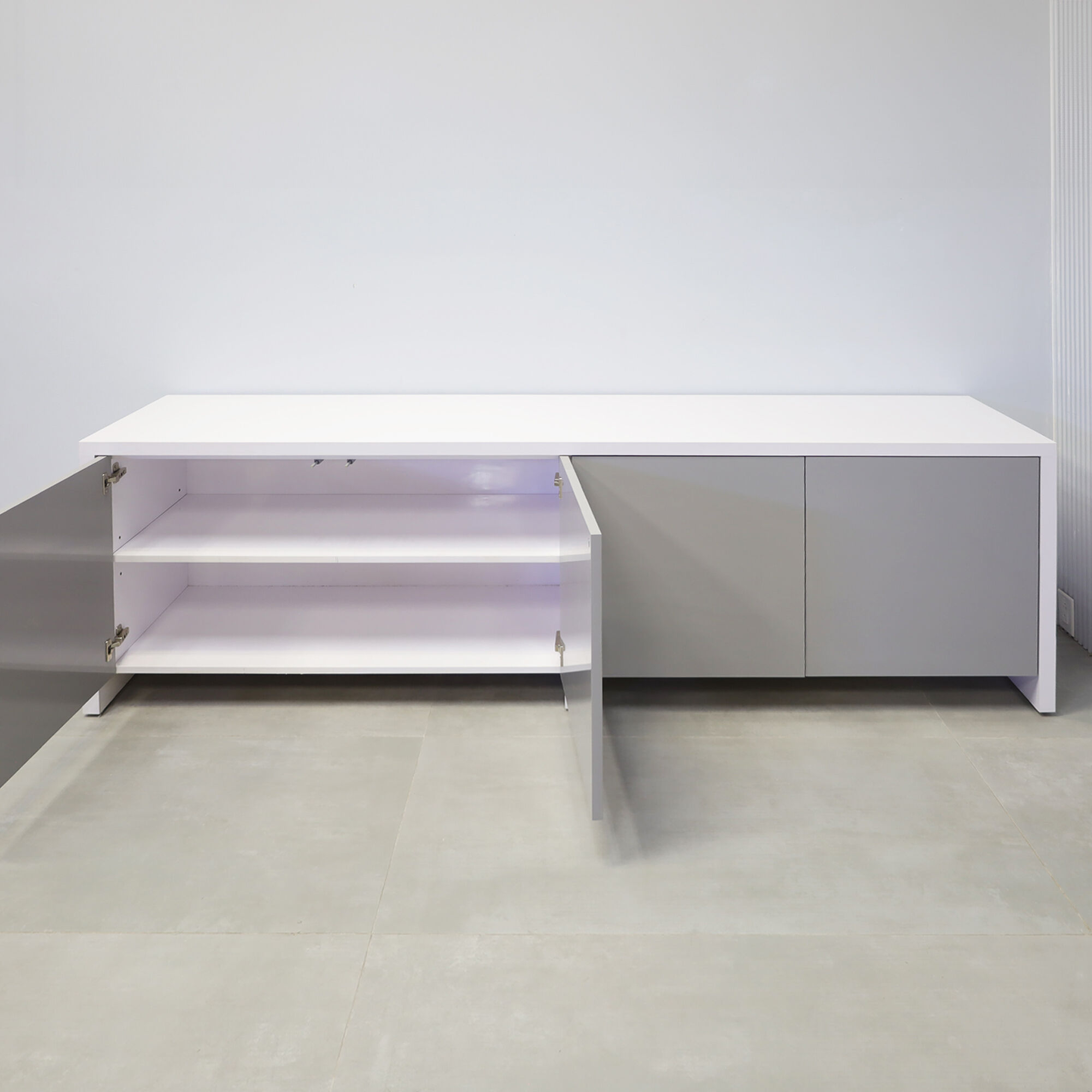 90-inch Boston Storage Credenza with white gloss laminate credenza and light gray gloss laminate.