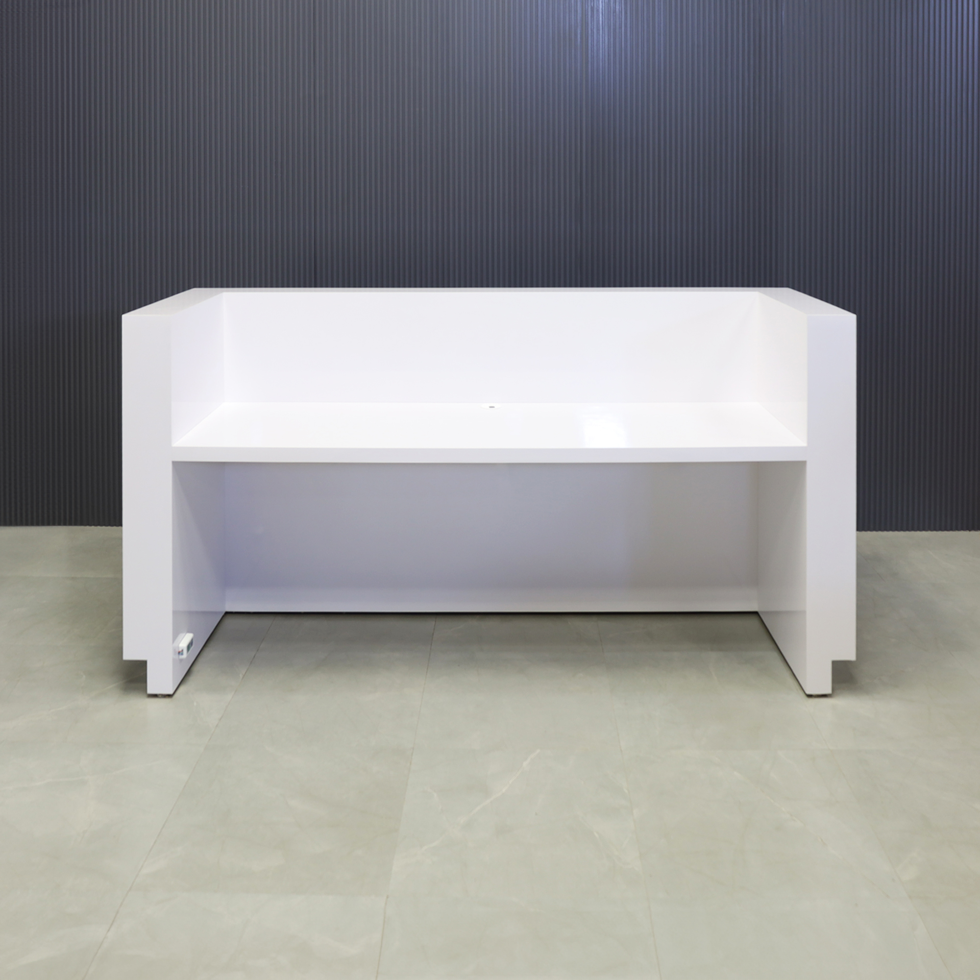 90 inches Dallas U-Shape Reception Desk in White Gloss laminate desk and brushed aluminum toe-kick, with multi-colored LED, seating side view shown here.