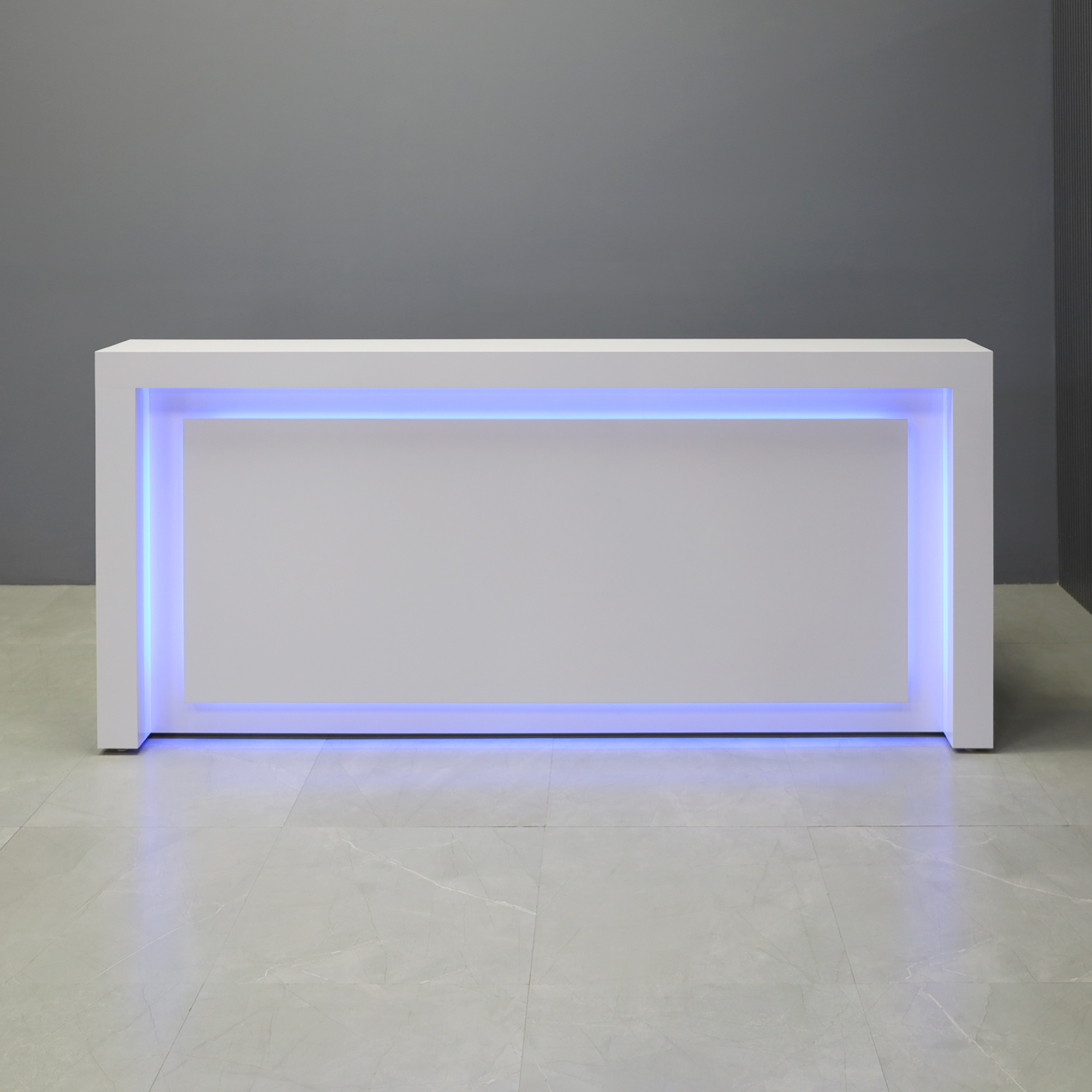 90-inch New York Straight Reception Desk in white gloss laminate finish, with multi-colored LED, shown here.
