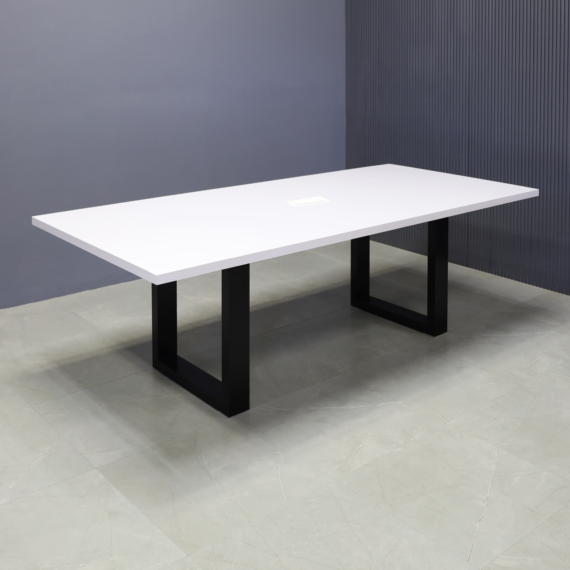 90-inch Newton Rectangular Conference Table in white gloss laminate top and black metal u base, with white MX2 powerbox, shown here.