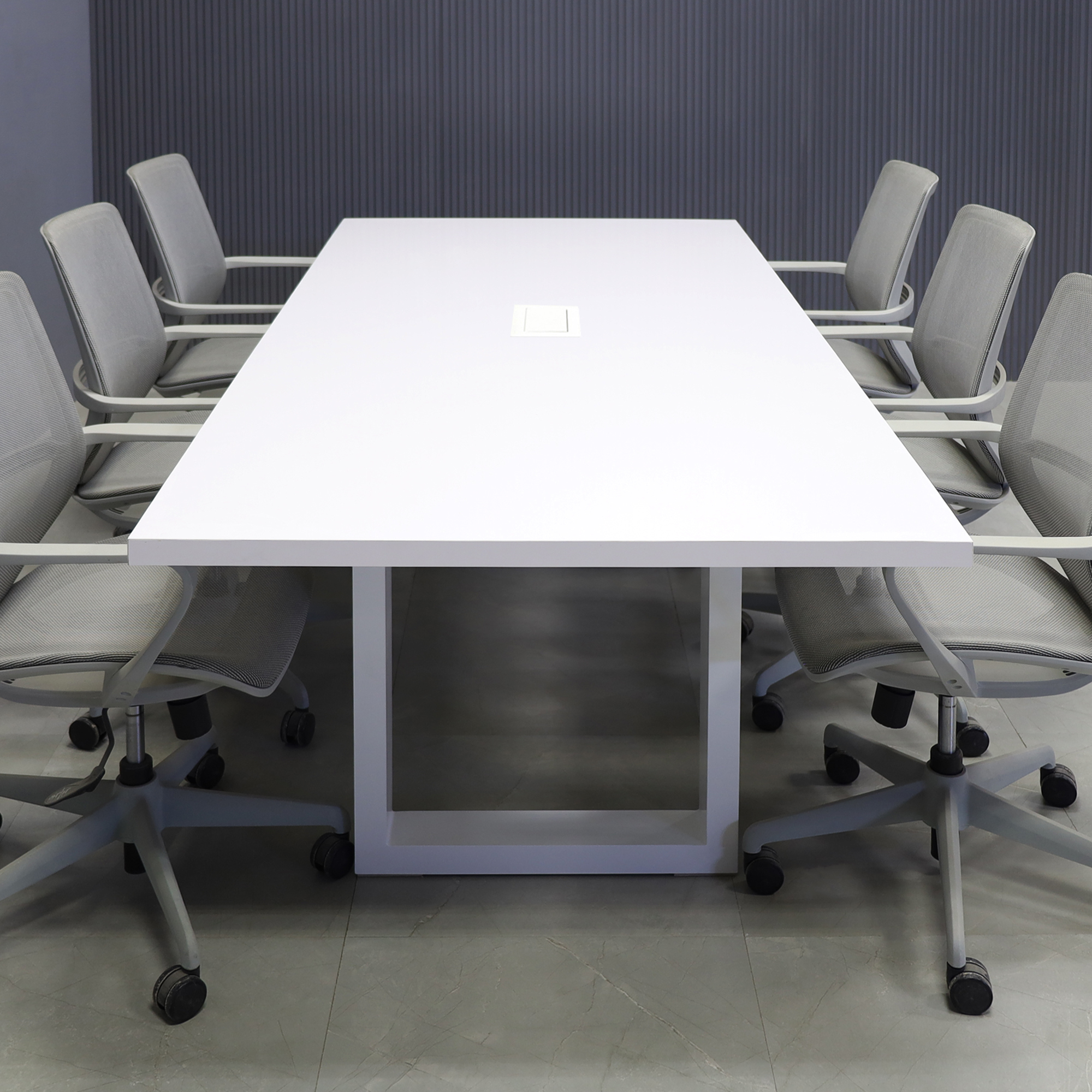 90-inch Newton Rectangular Conference Table in white gloss laminate top and white metal u base, with white MX2 powerbox, shown here.