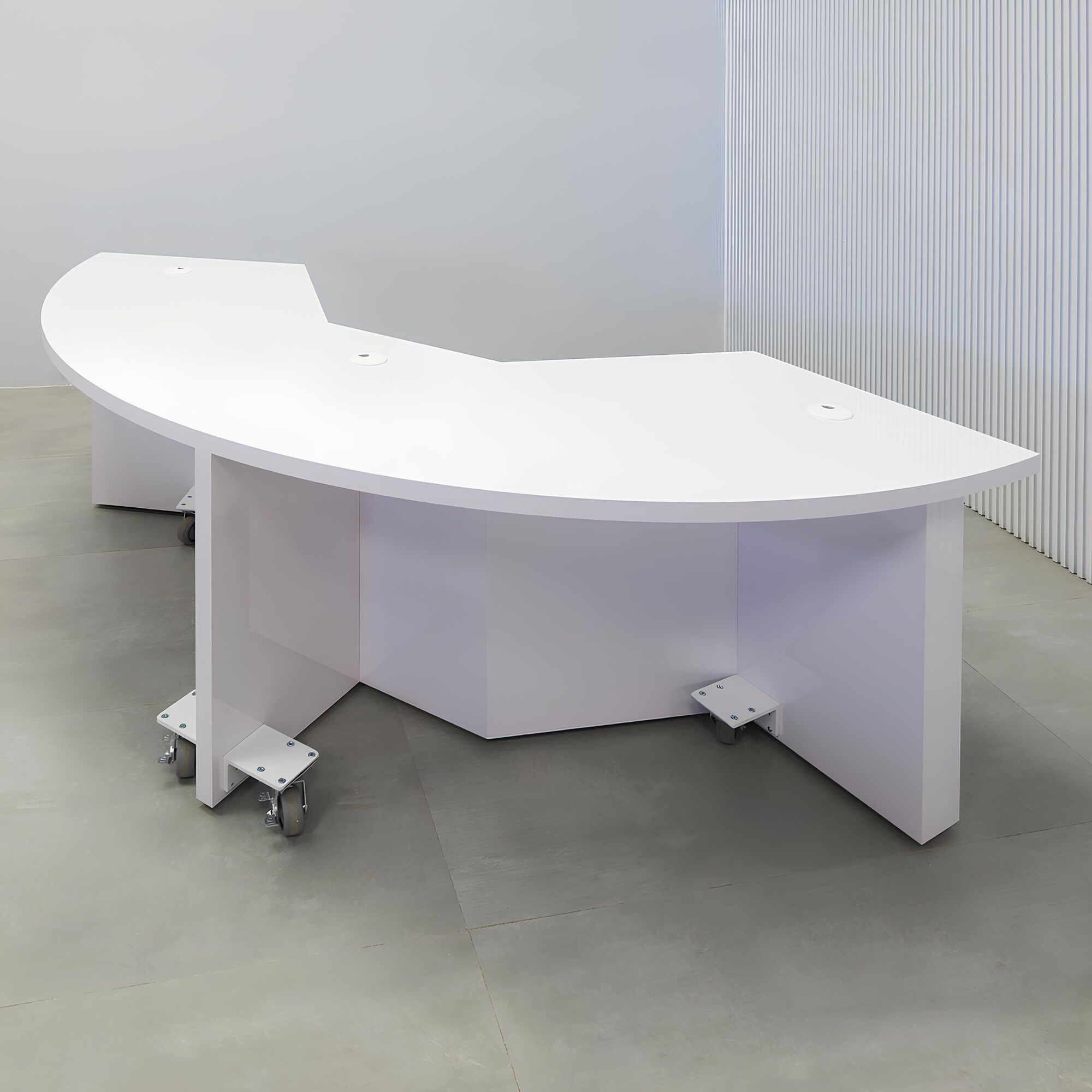 90-inch Tampa Bay Custom Handmade Podcast Table with white gloss laminate finish and wheels add-on.
