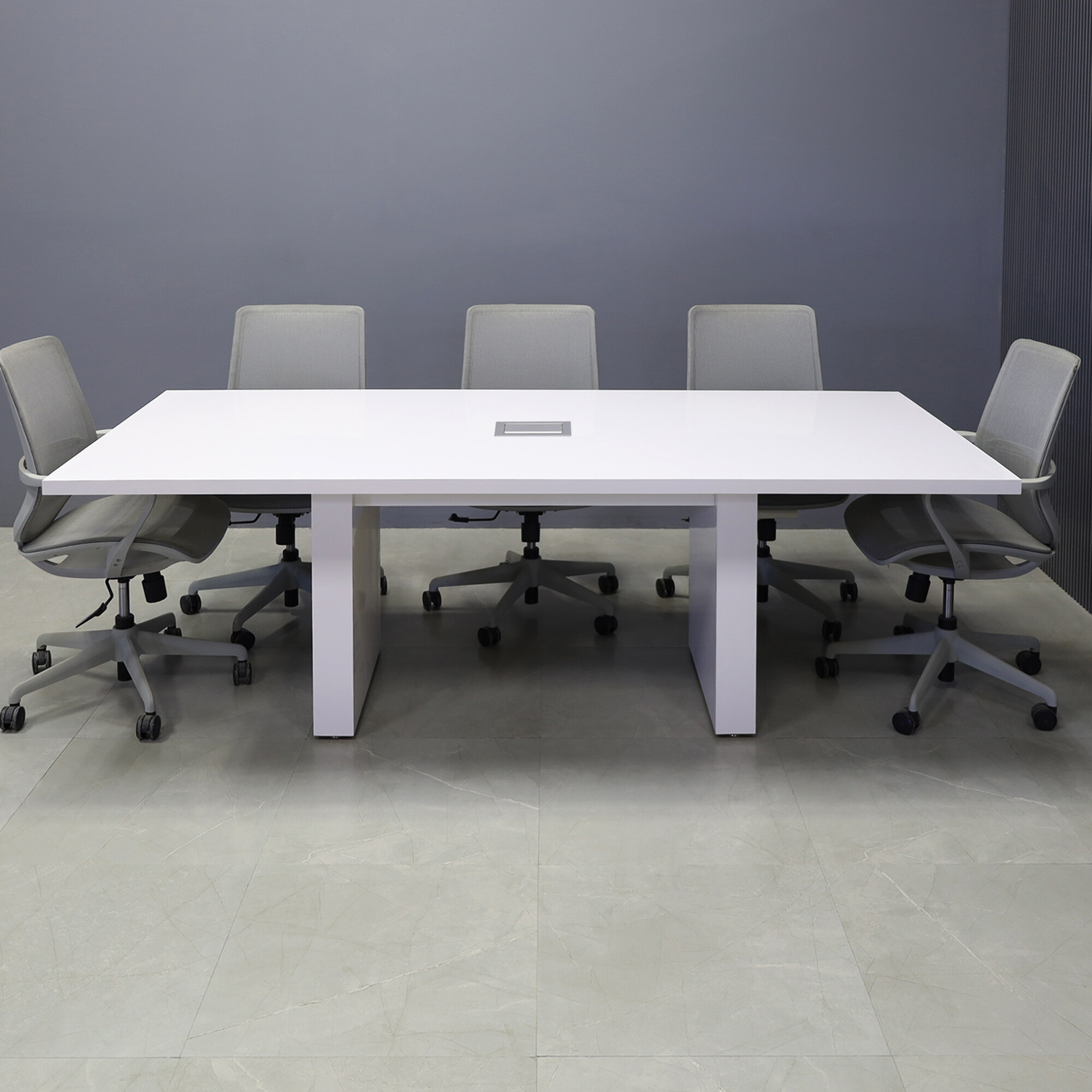 90-inch Newton Rectangular Conference Table in white gloss laminate for the top and base, with one silver MX2 powerbox, shown here.
