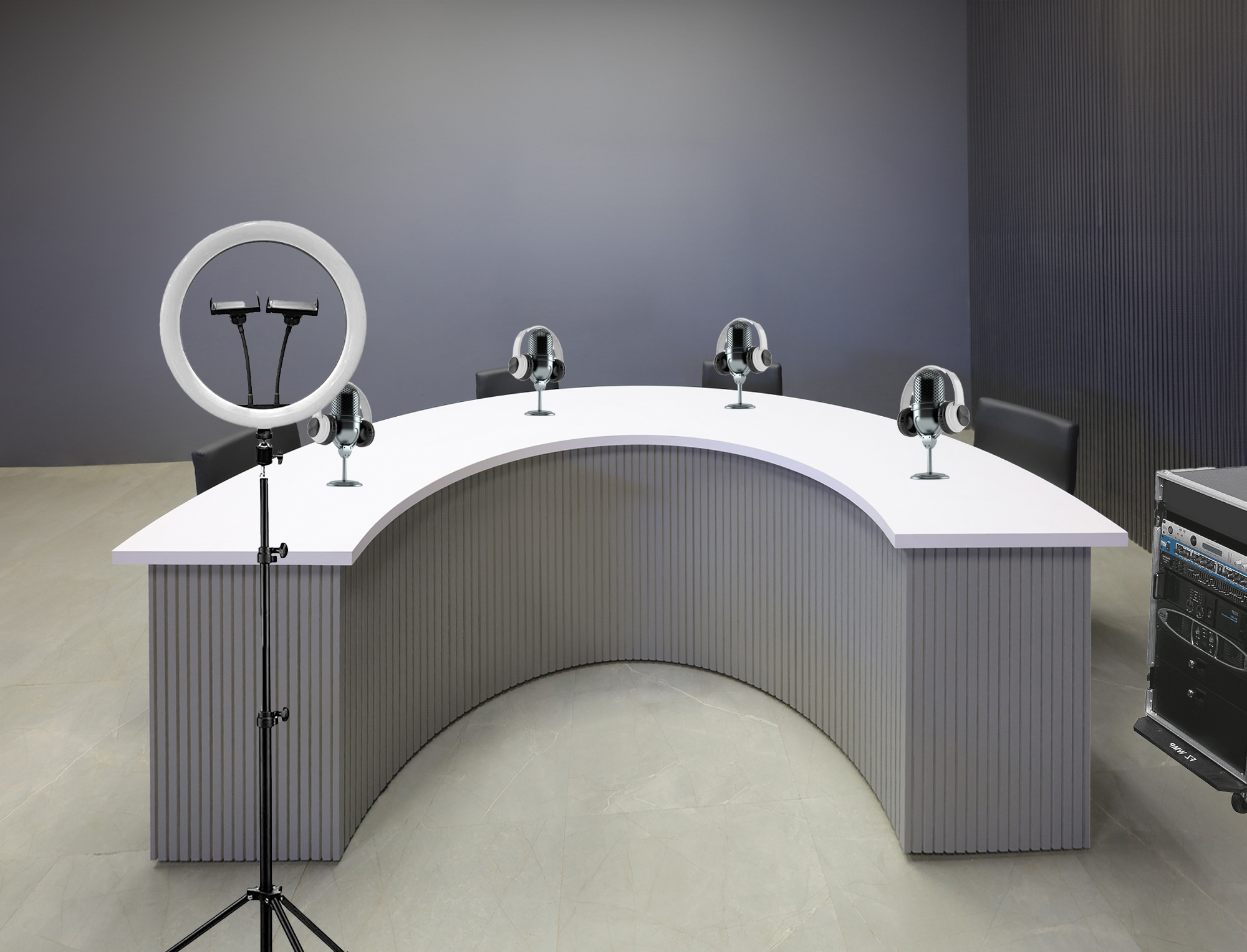 90-inch Handmade Custom Modern Podcast Table Half Moon in white matte laminate top & back base, and fog gray tambour front base.