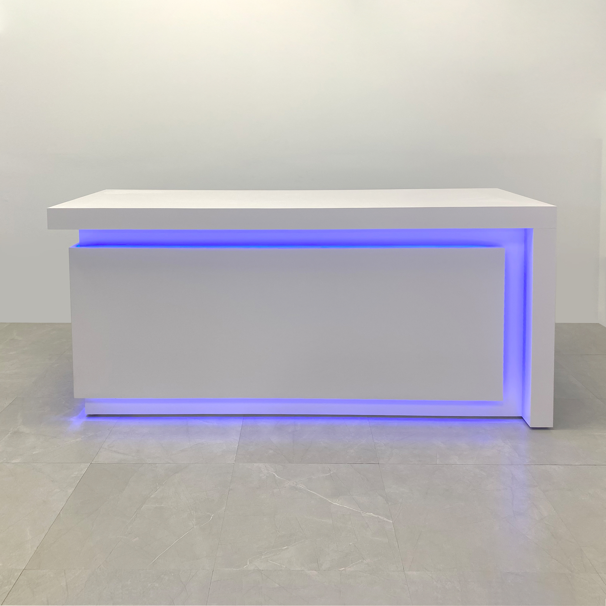 90-inch New York L-Shape Retail Custom Reception Desk in dover off-white matte laminate desk, with color LED, shown here.