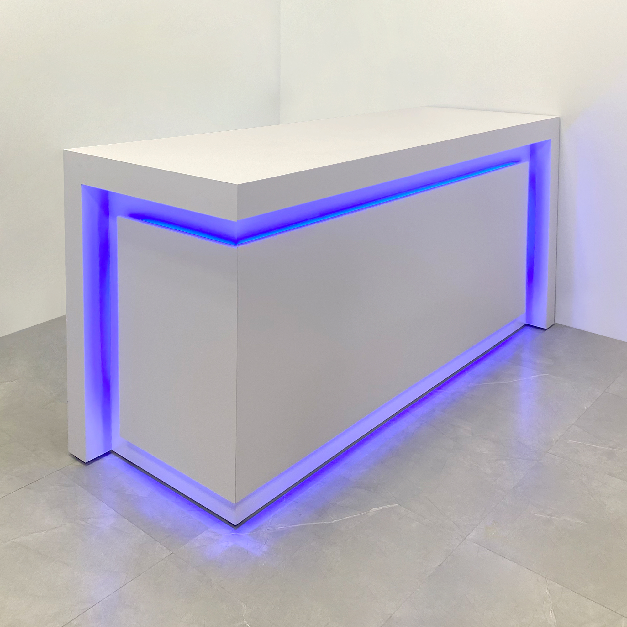 90-inch New York L-Shape Retail Custom Reception Desk in dover off-white matte laminate desk, with color LED, shown here.