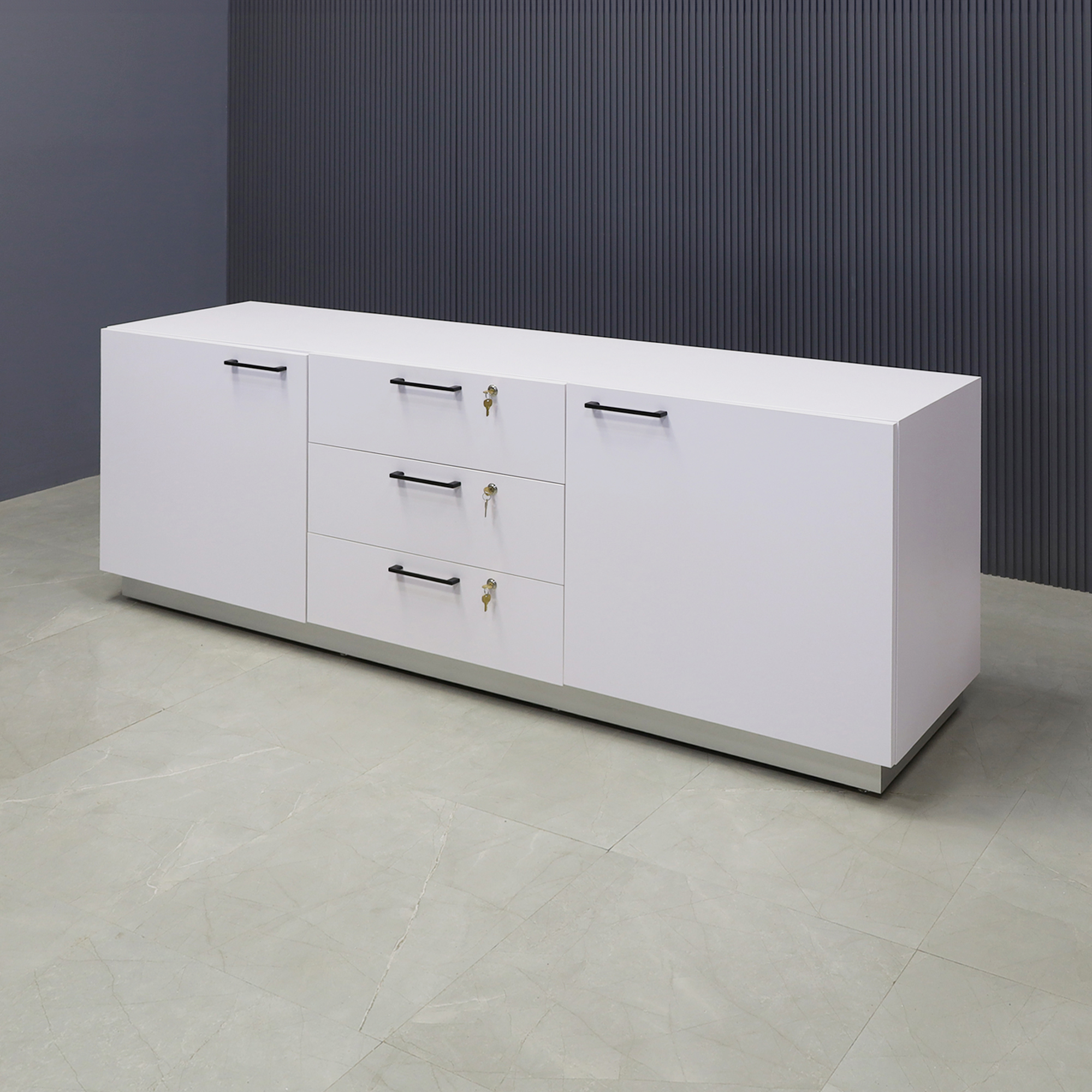 90-inch Manhattan Storage Credenza in white matte laminate credenza, front drawers & doors, with 3 locks, and brushed aluminum toe-kick, shown here.