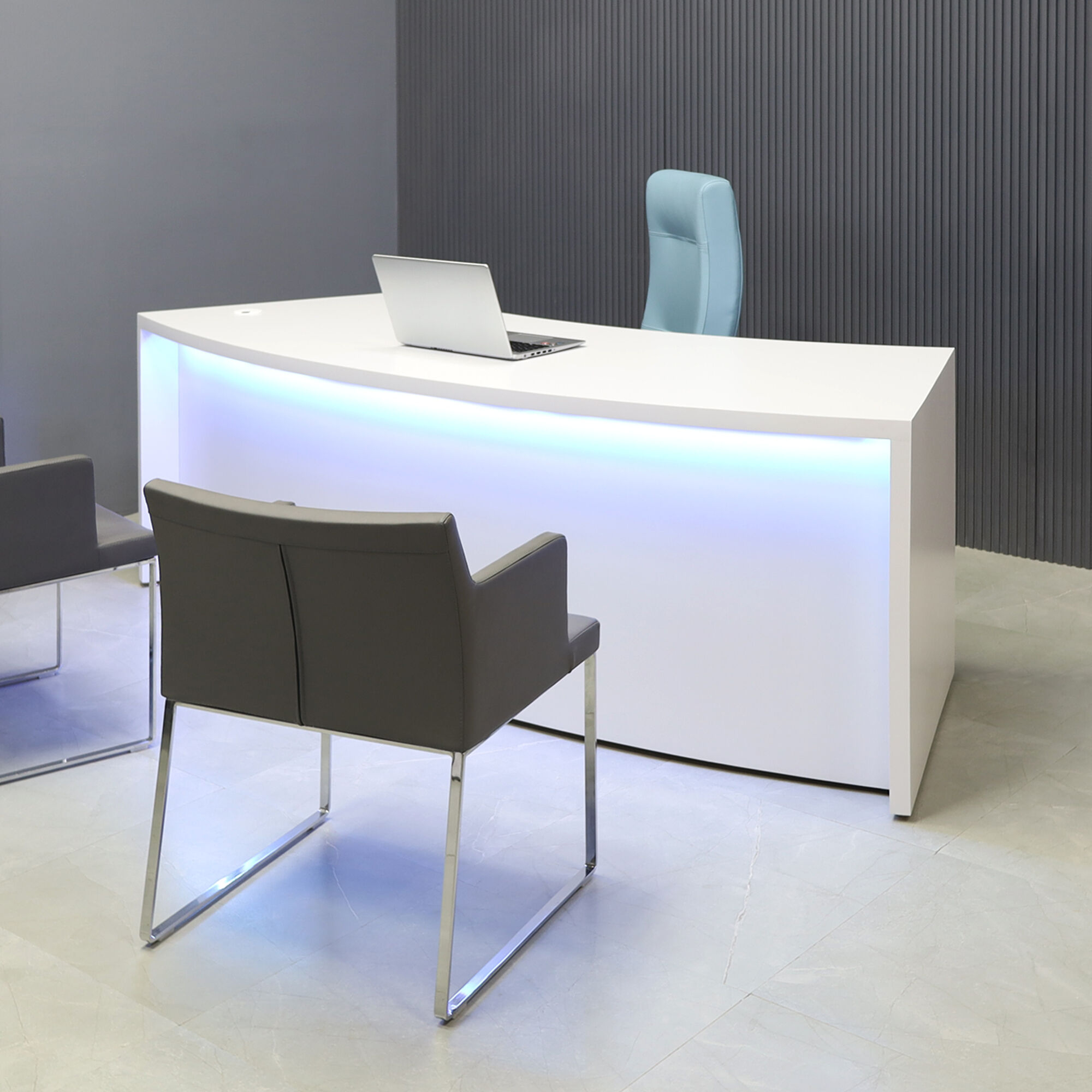 90-inch Seattle Curved Executive Desk in white gloss laminate main desk & privacy panel, with color LED, shown here.