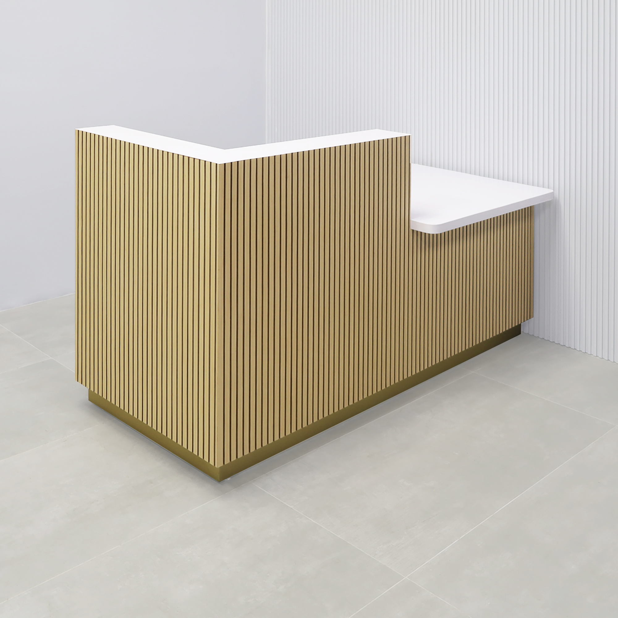 90-inch Dallas ADA Compliant Counter Custom Reception Desk in white matte laminate desk, maple tambour counter, white matte laminate, and gold aluminum toe-kick.