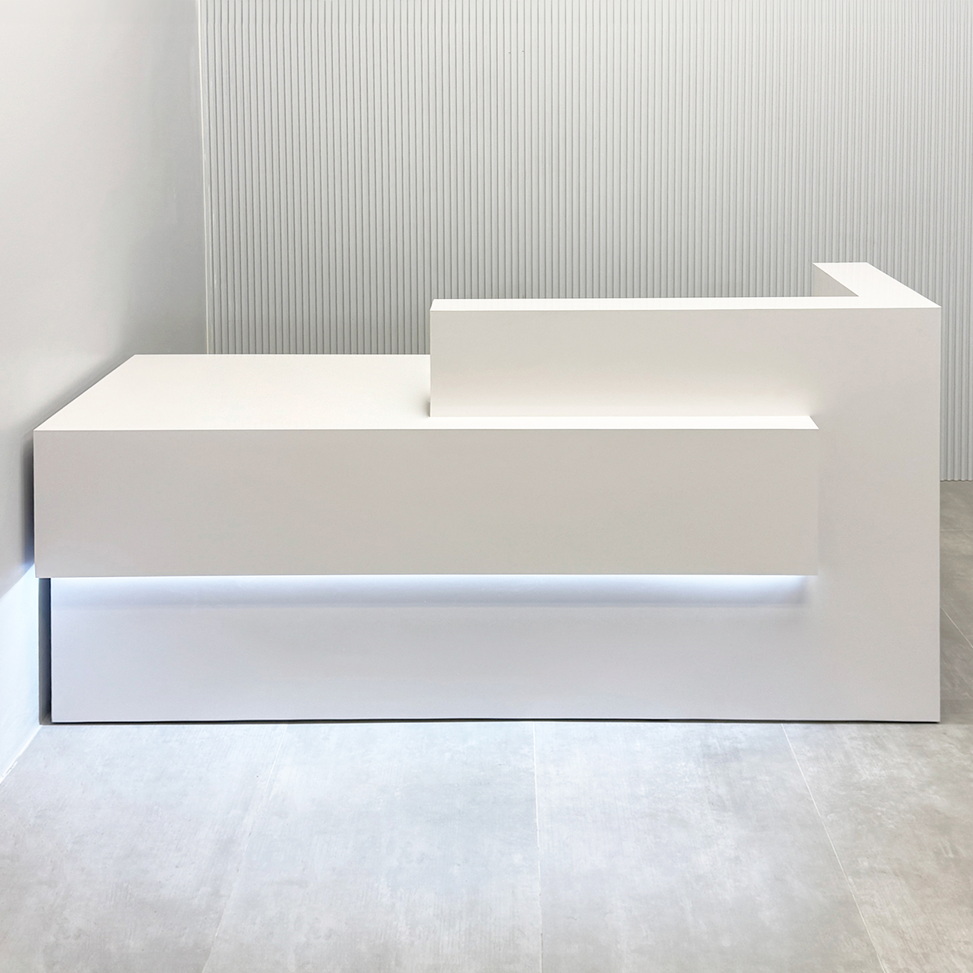 90-inch Atlanta Reception Desk with White Matte laminate main desk, White Matte laminate front, White Matte laminate counter, and Colored LED.