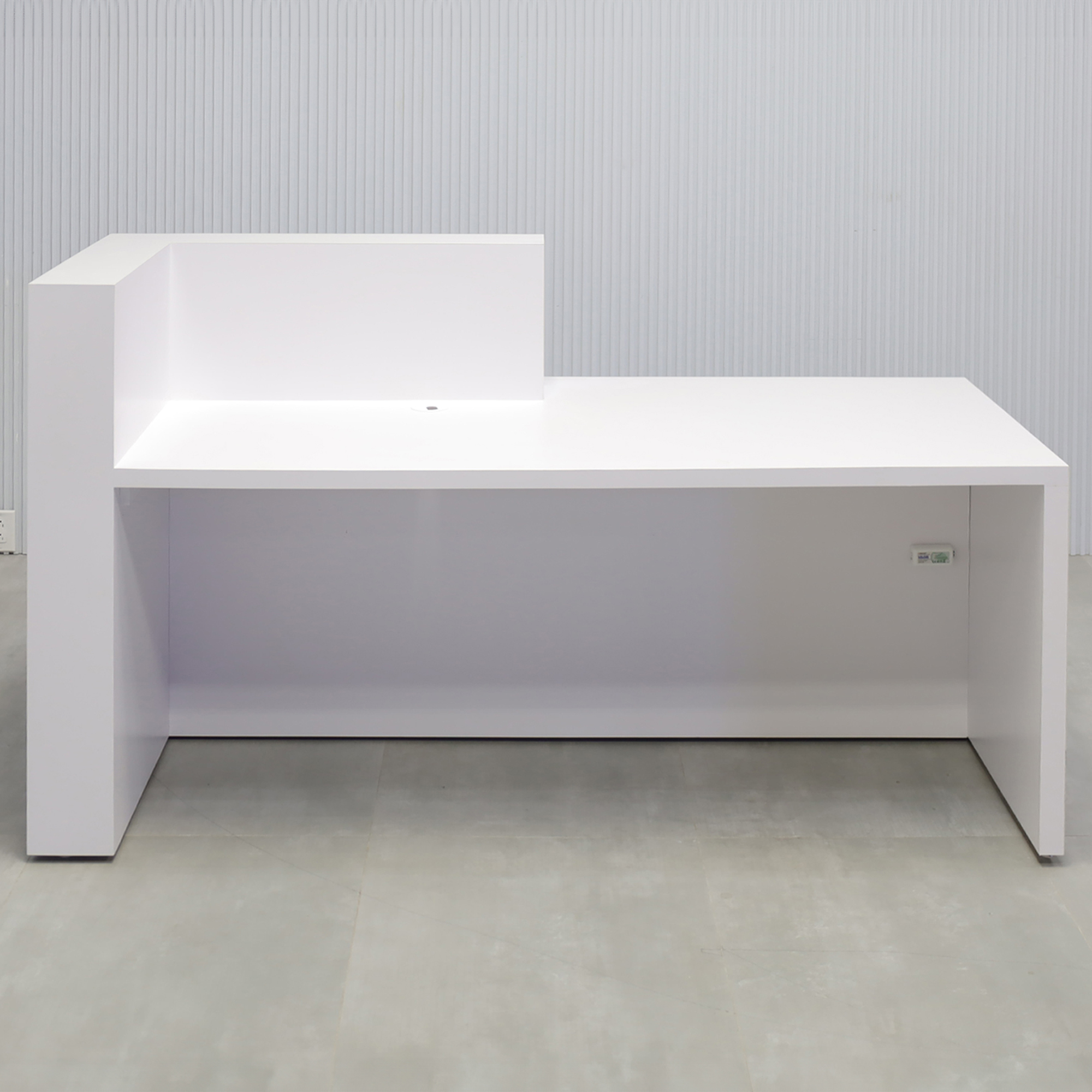 90-inch Atlanta Reception Desk with White Matte laminate main desk, White Matte laminate front, White Matte laminate counter, and Colored LED.