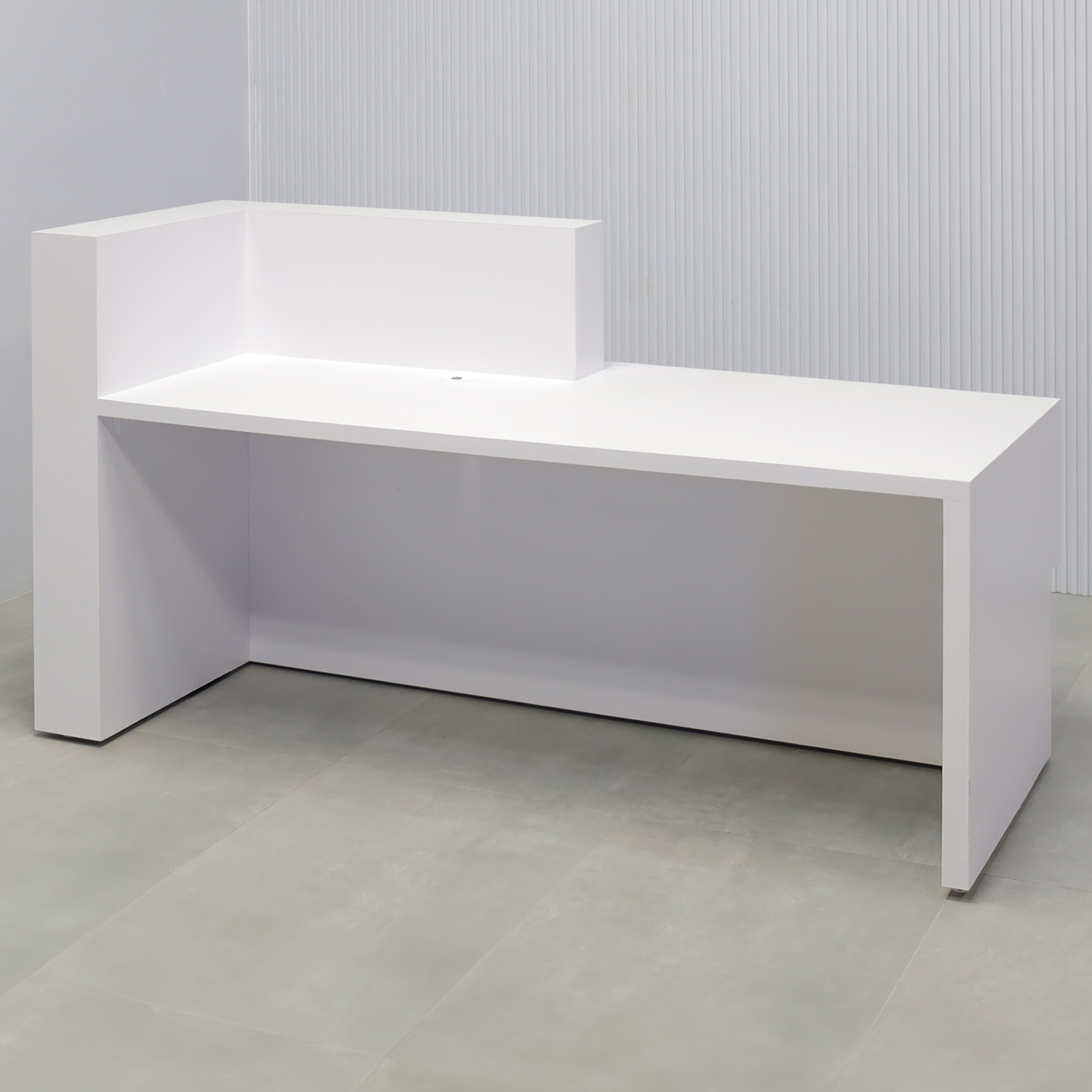90-inch Atlanta Reception Desk with White Matte laminate main desk, White Matte laminate front, White Matte laminate counter, and Colored LED.