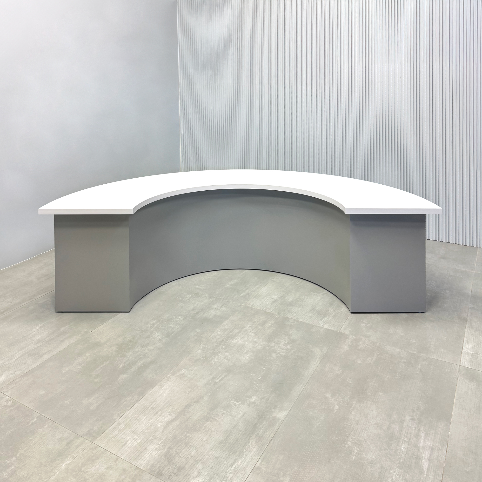 90-inch Handmade Custom Modern Podcast Table Half Moon with white matte laminate top, fog gray matte laminate front of the base, and fog gray matte laminate back of the base.