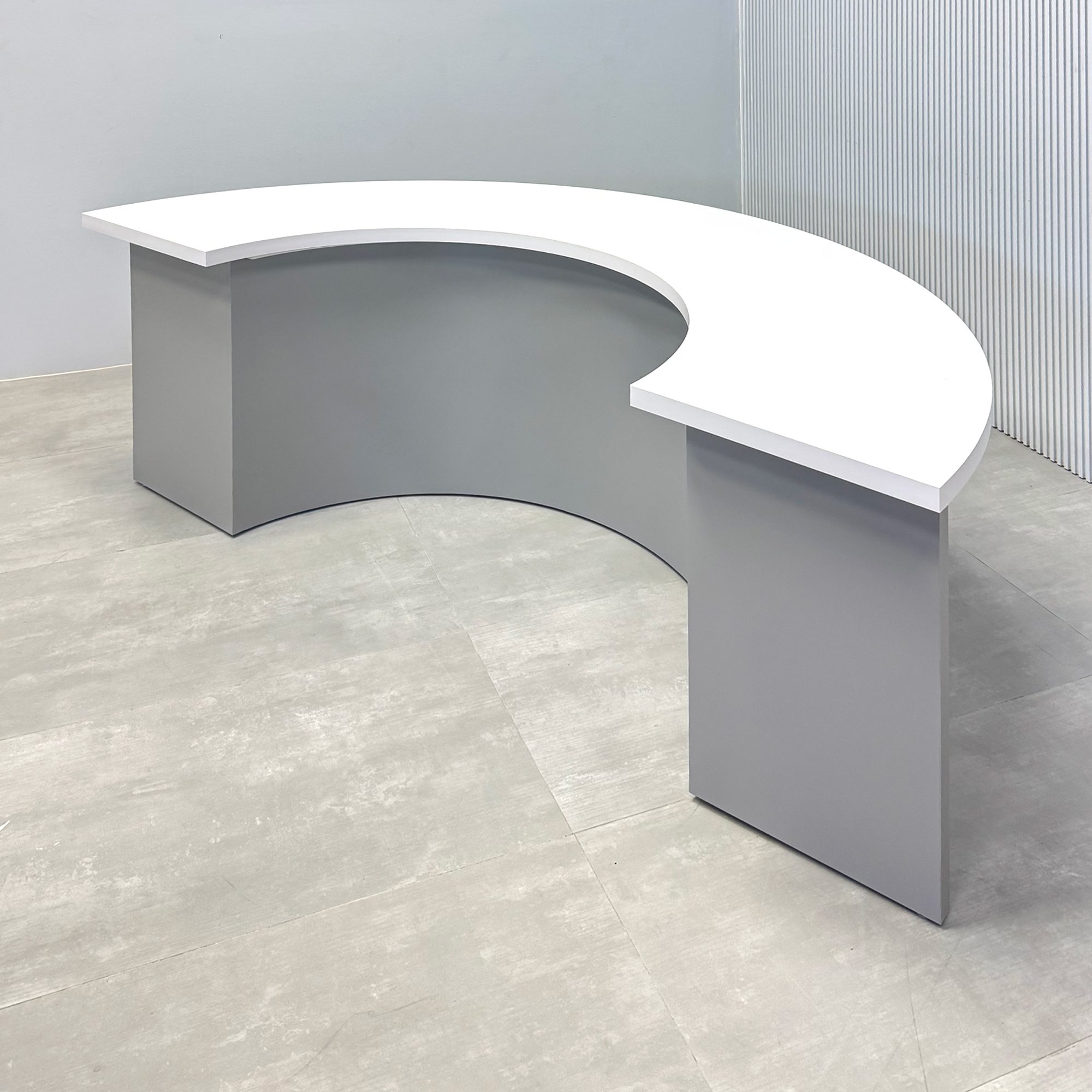 90-inch Handmade Custom Modern Podcast Table Half Moon with white matte laminate top, fog gray matte laminate front of the base, and fog gray matte laminate back of the base.