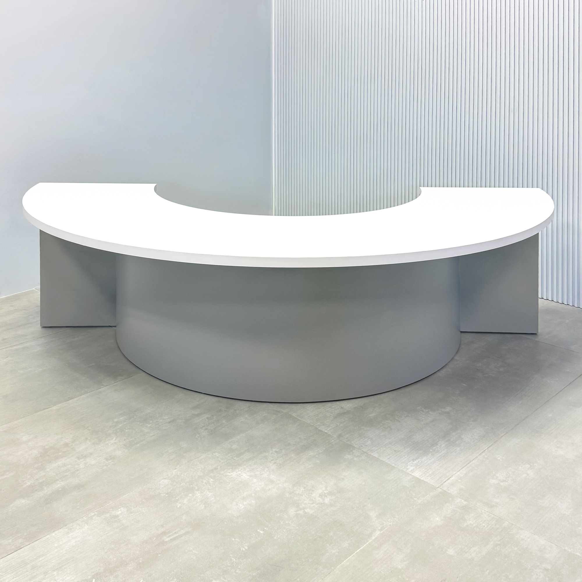 90-inch Handmade Custom Modern Podcast Table Half Moon with white matte laminate top, fog gray matte laminate front of the base, and fog gray matte laminate back of the base.