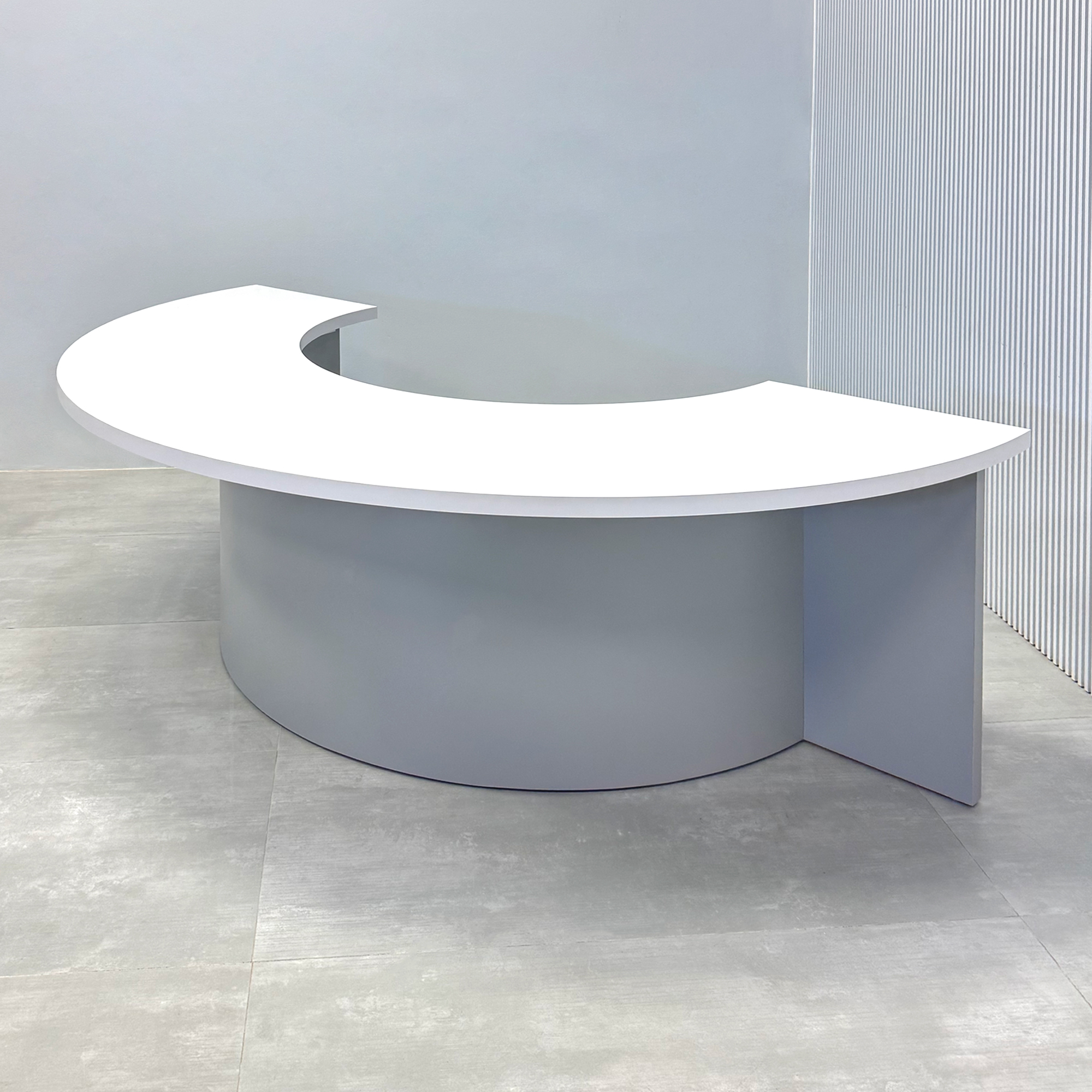 90-inch Handmade Custom Modern Podcast Table Half Moon with white matte laminate top, fog gray matte laminate front of the base, and fog gray matte laminate back of the base.
