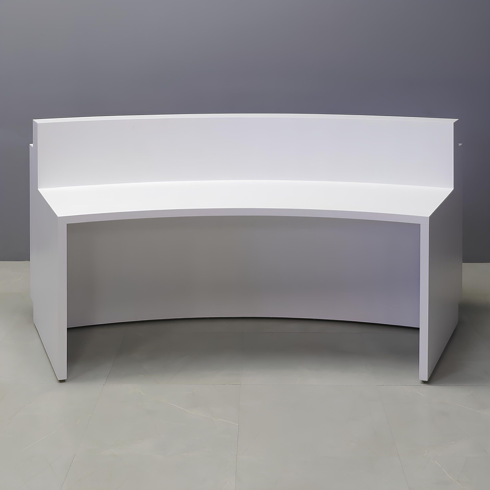 90-inch Seattle X3 Custom Reception Desk in white matte laminate main desk, fog gray tambour front panel, and color-changing LED.