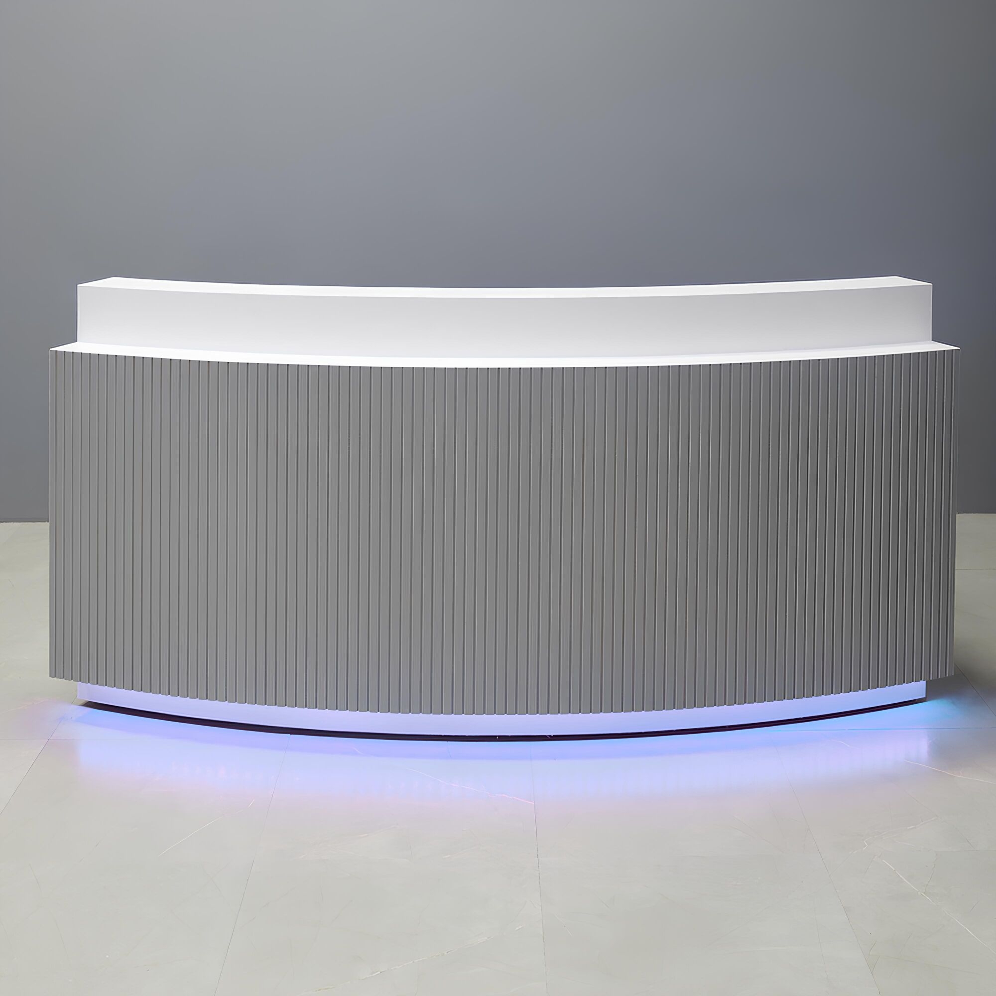 90-inch Seattle X3 Custom Reception Desk in white matte laminate main desk, fog gray tambour front panel, and color-changing LED.