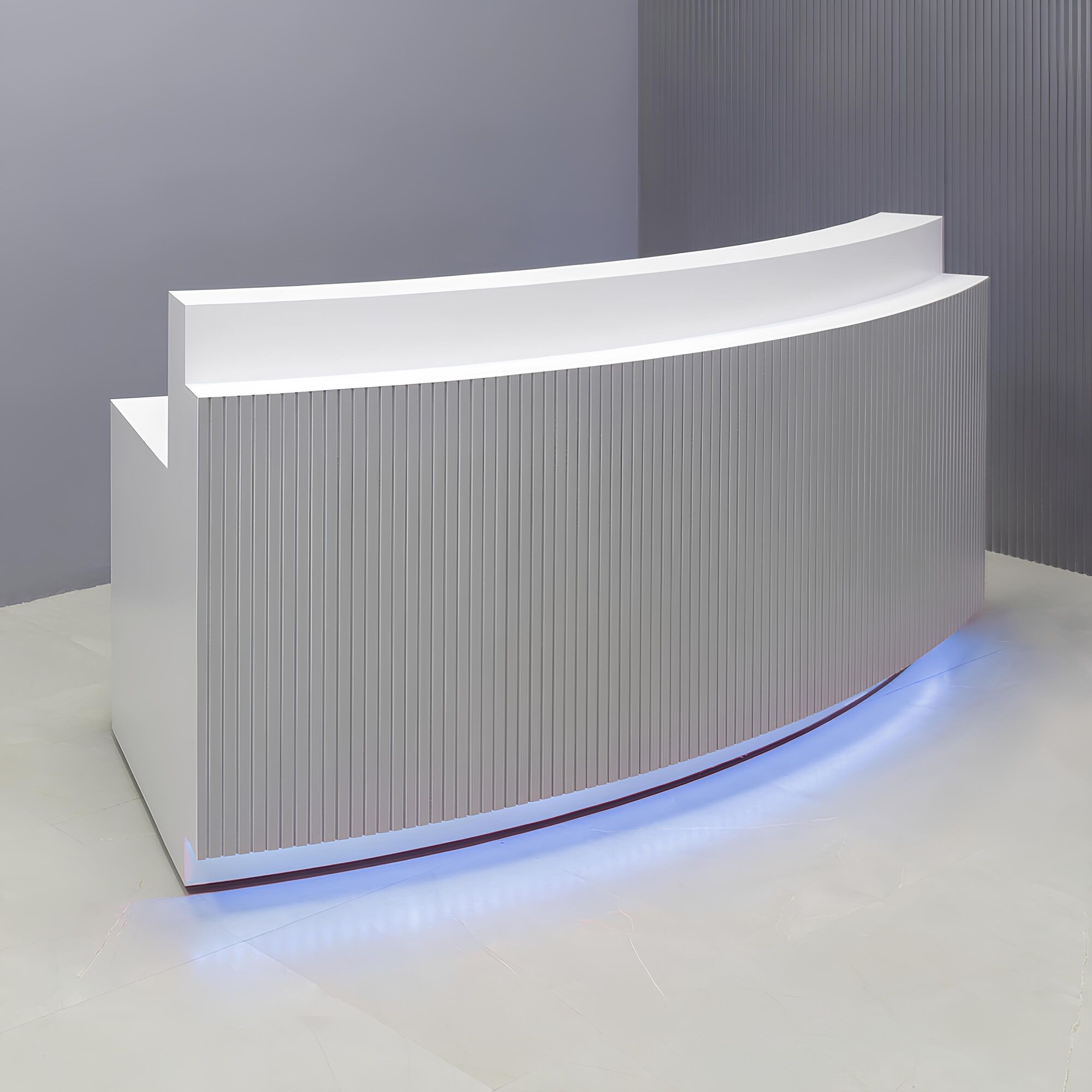 90-inch Seattle X3 Custom Reception Desk in white matte laminate main desk, fog gray tambour front panel, and color-changing LED.