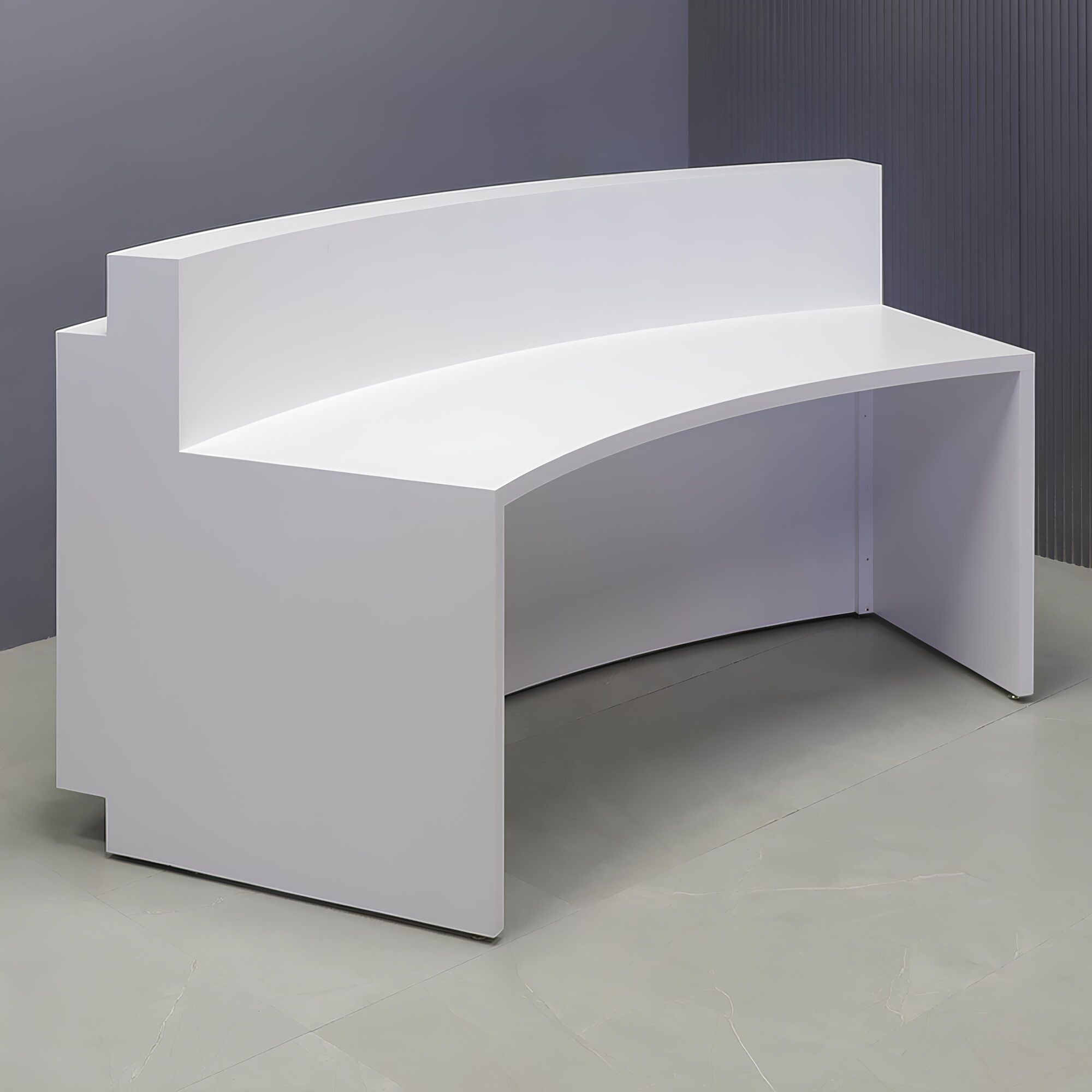 90-inch Seattle X3 Custom Reception Desk in white matte laminate main desk, fog gray tambour front panel, and color-changing LED.