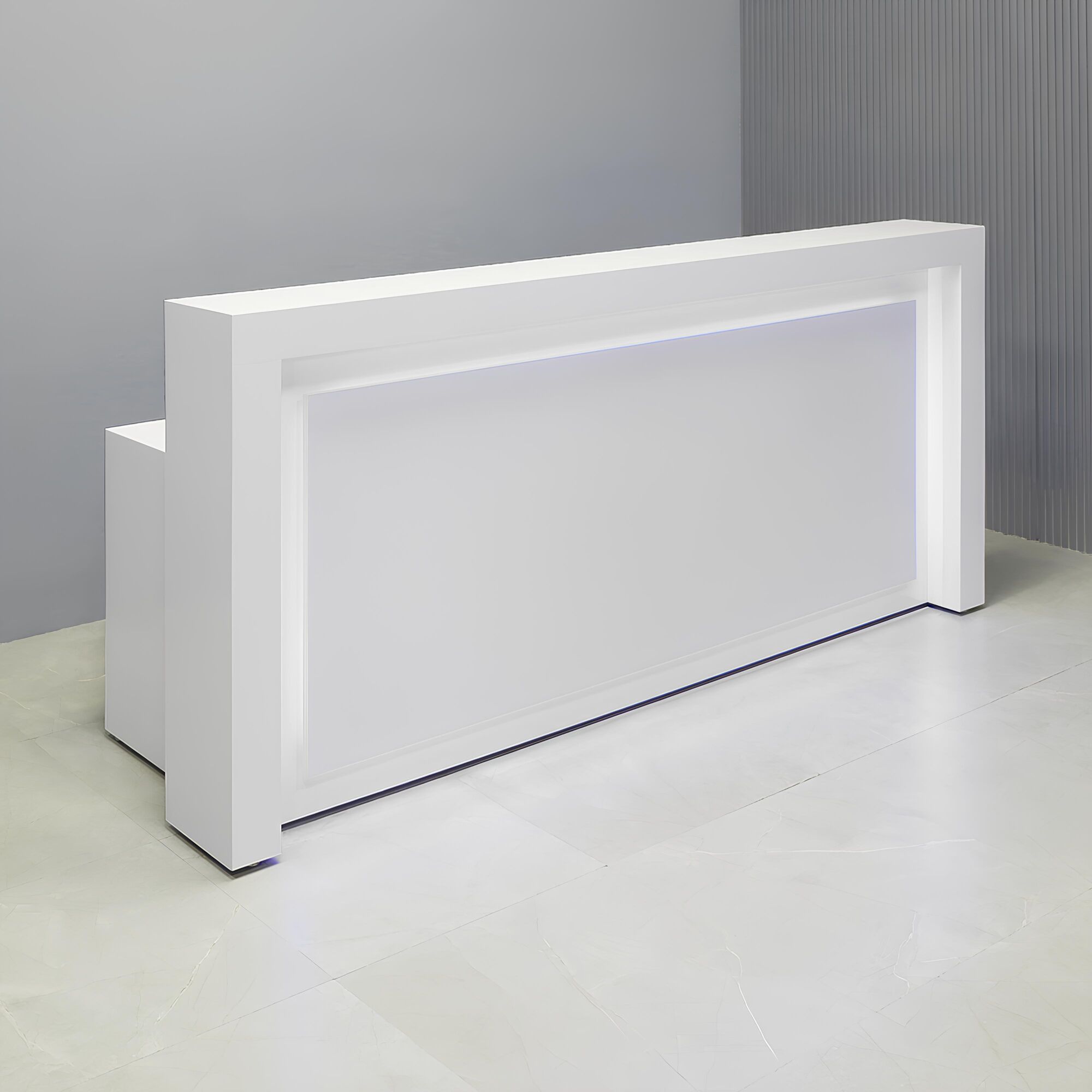 90-inch New York Straight Reception Desk with white matte laminate main desk and white matte laminate accent.