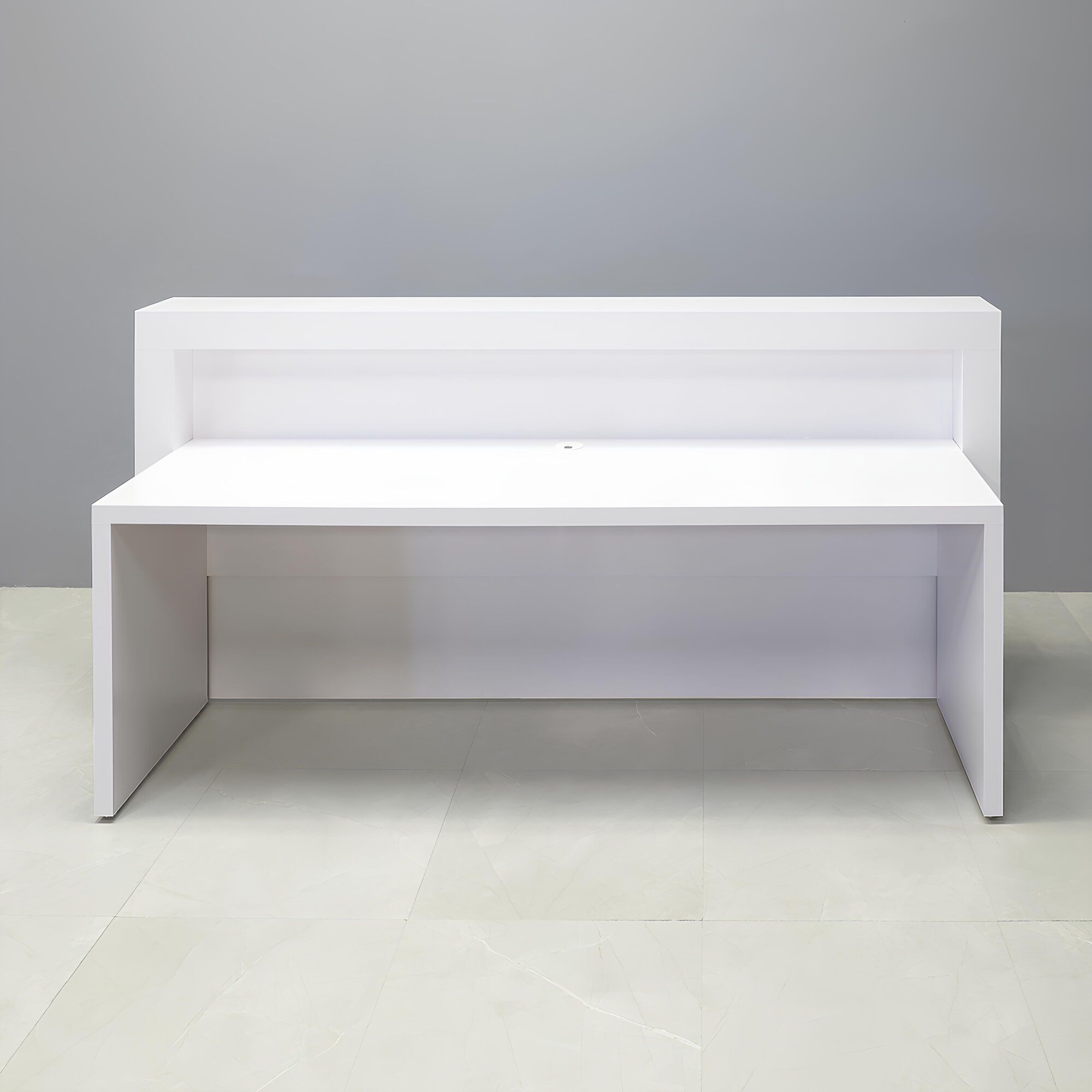 90-inch New York Straight Reception Desk with white matte laminate main desk and white matte laminate accent.