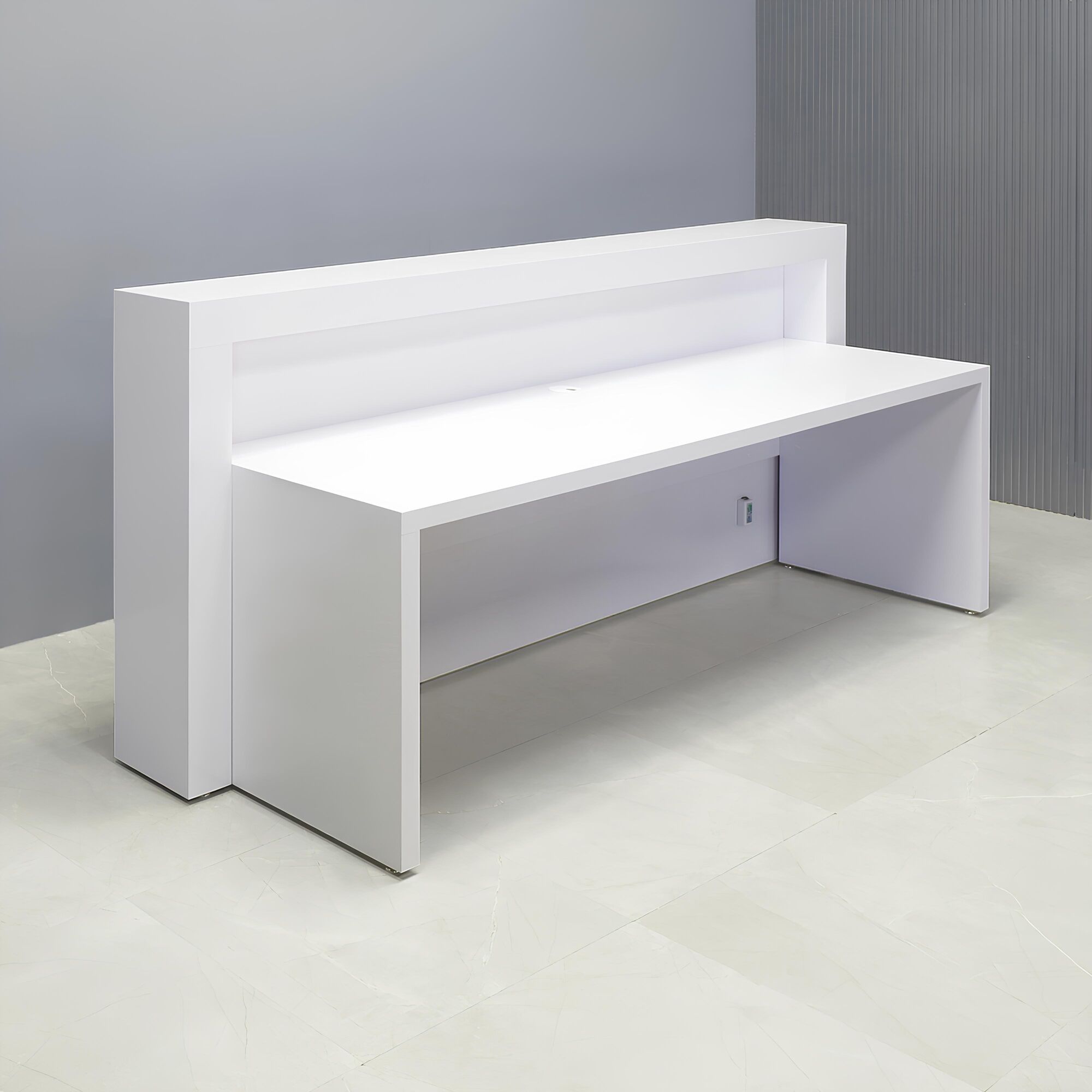 90-inch New York Straight Reception Desk with white matte laminate main desk and white matte laminate accent.