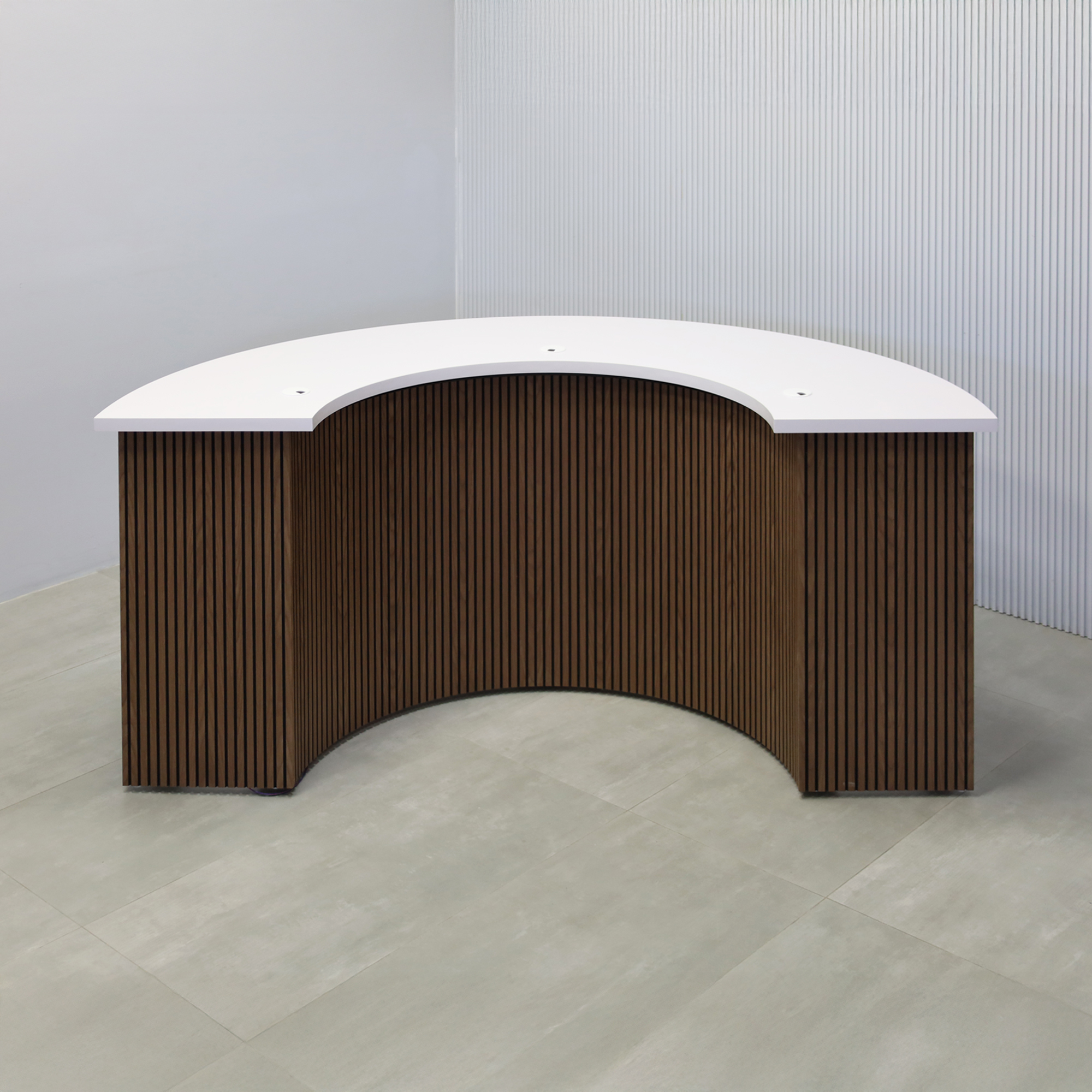 90-inch Handmade Custom Modern Podcast Table Half Moon with White Matte laminate top, Walnut & Black Background tambour front base, Black Matte laminate back base, and Colored LED.