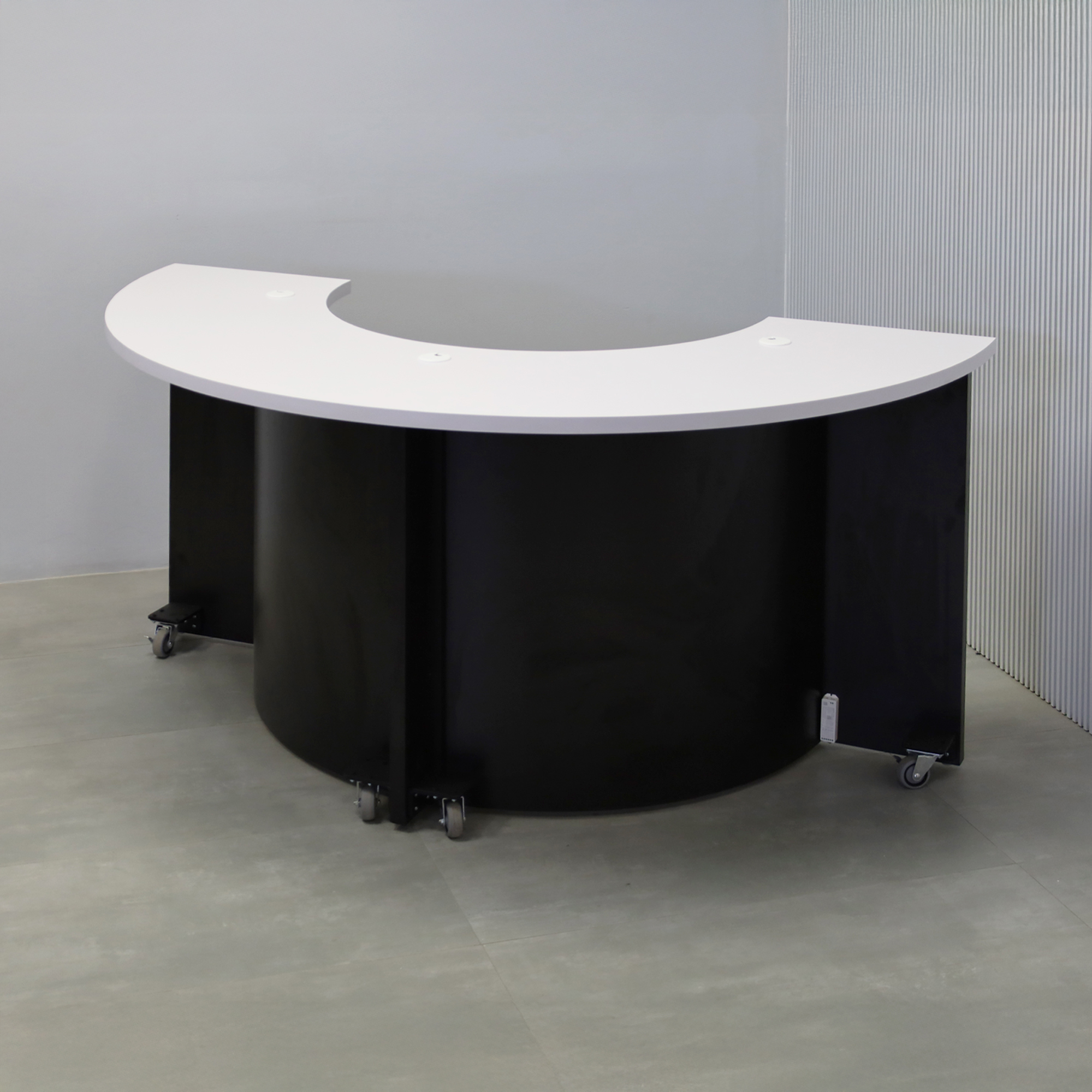 90-inch Handmade Custom Modern Podcast Table Half Moon with White Matte laminate top, Walnut & Black Background tambour front base, Black Matte laminate back base, and Colored LED.
