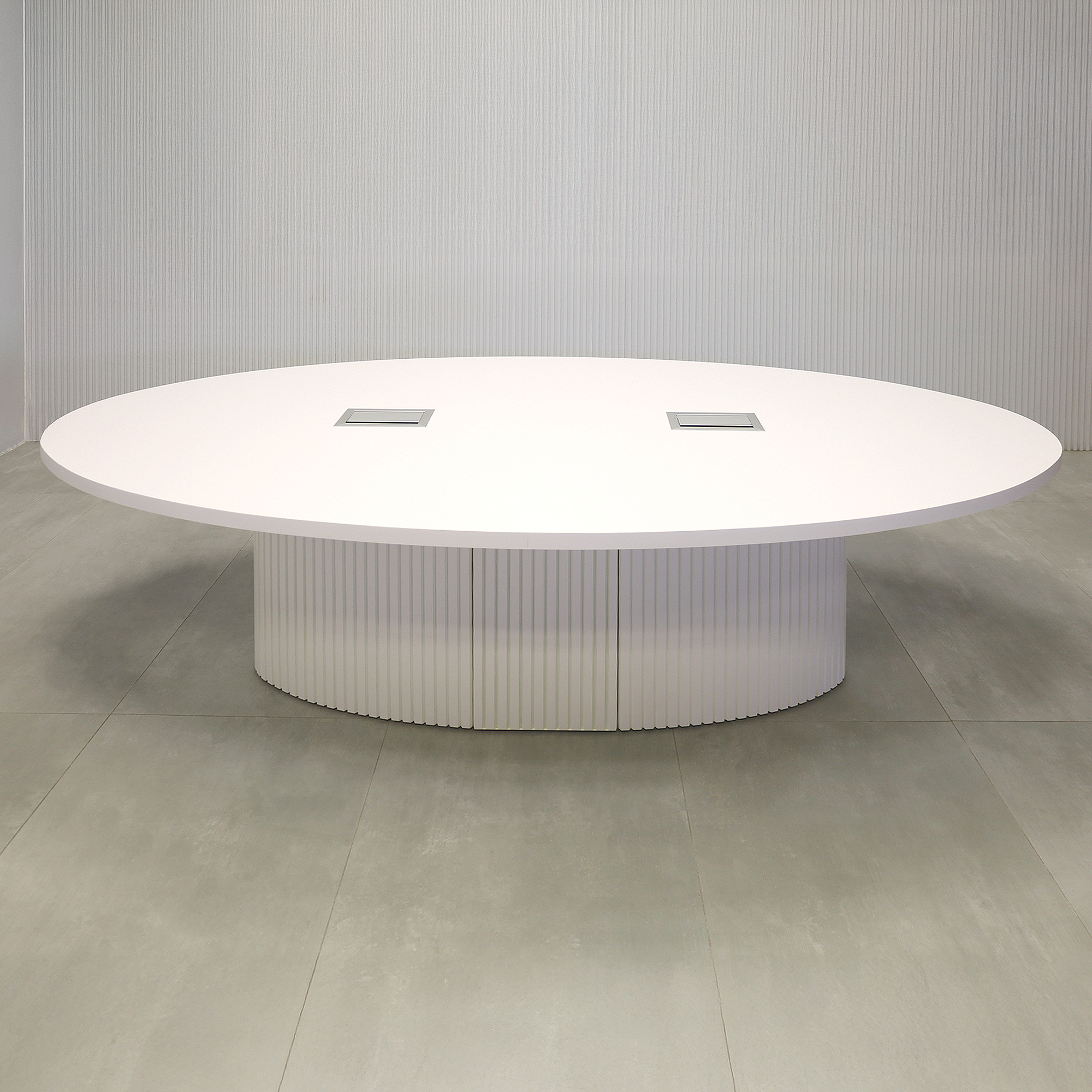 90-inch Newton Oval Conference Table with White Matte laminate top, White Matte tambour base, and Mx3 in Silver.