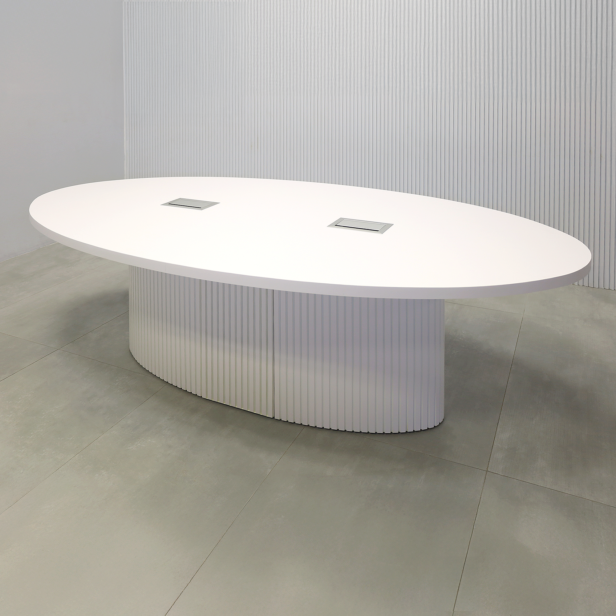 90-inch Newton Oval Conference Table with White Matte laminate top, White Matte tambour base, and Mx3 in Silver.