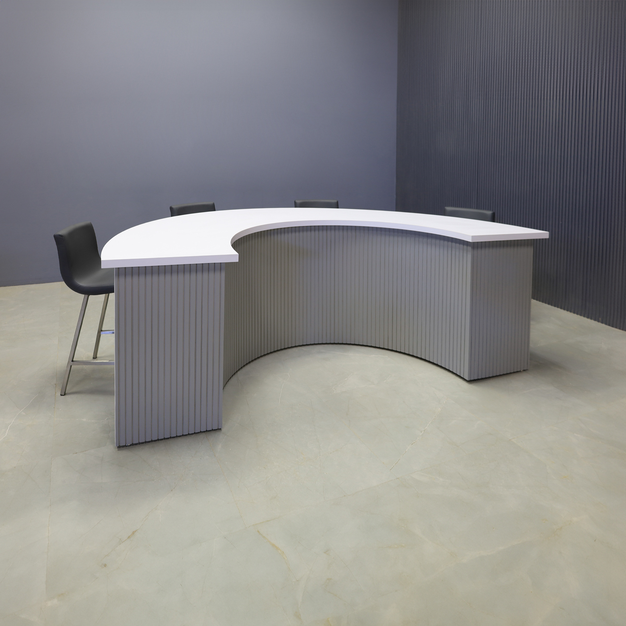 90-inch Modern Custom Podcast Table in white matte laminate top, fog gray tambour front side and white matte laminate inside, shown here.