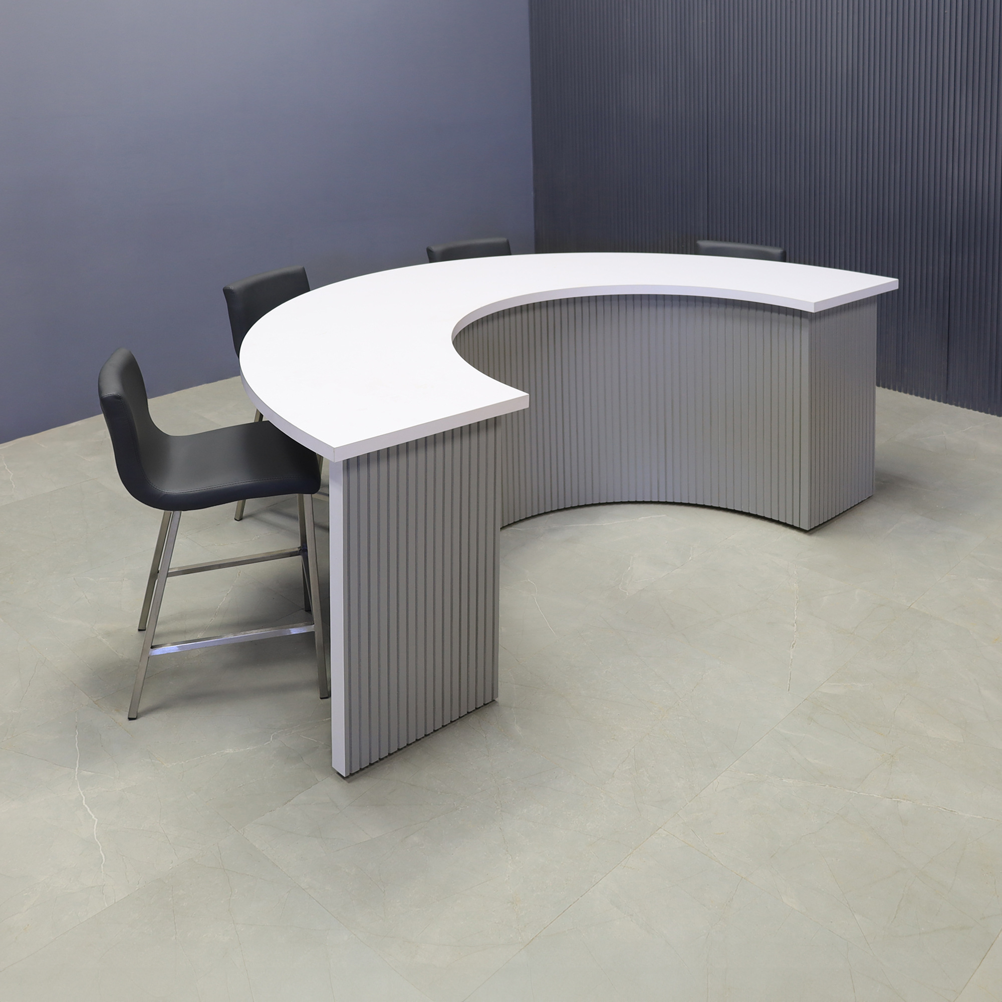 90-inch Modern Custom Podcast Table in white matte laminate top, fog gray tambour front side and white matte laminate inside, shown here.