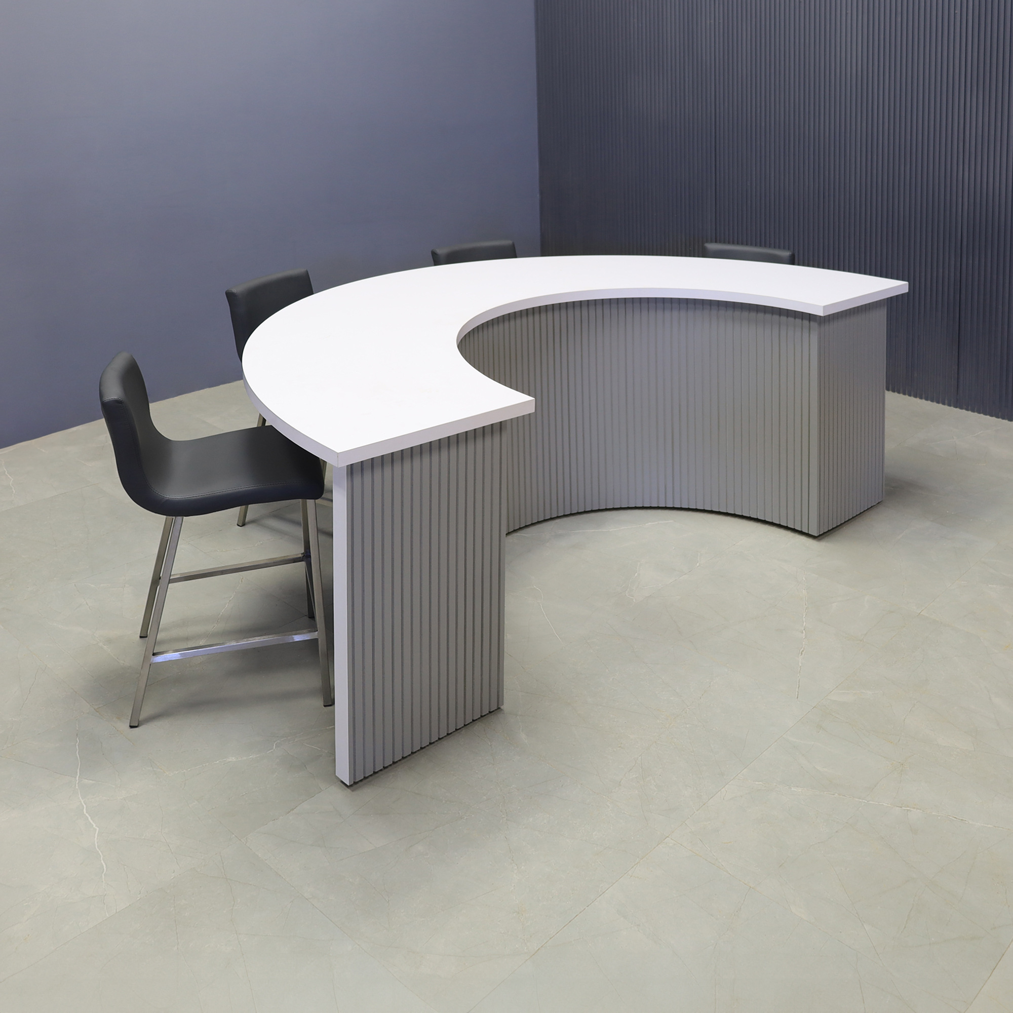 90-inch Handmade Custom Modern Podcast Table Half Moon in white matte laminate top & back base, and fog gray tambour front base.