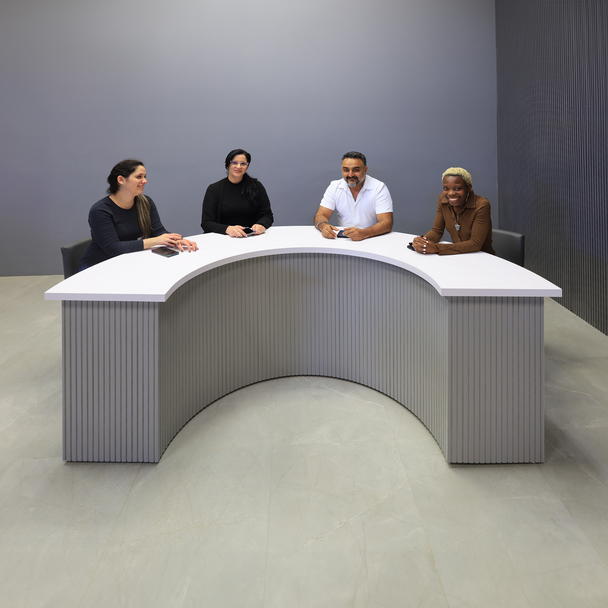 90-inch Handmade Custom Modern Podcast Table Half Moon in white matte laminate top & back base, and fog gray tambour front base.