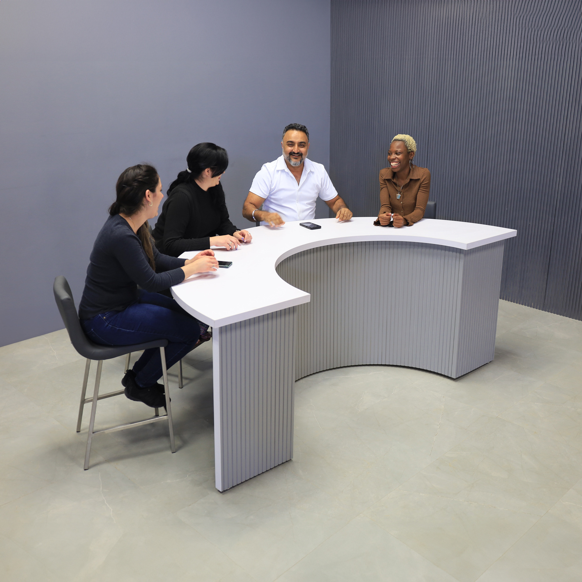 90-inch Handmade Custom Modern Podcast Table Half Moon in white matte laminate top and fog gray tambour base, shown here.