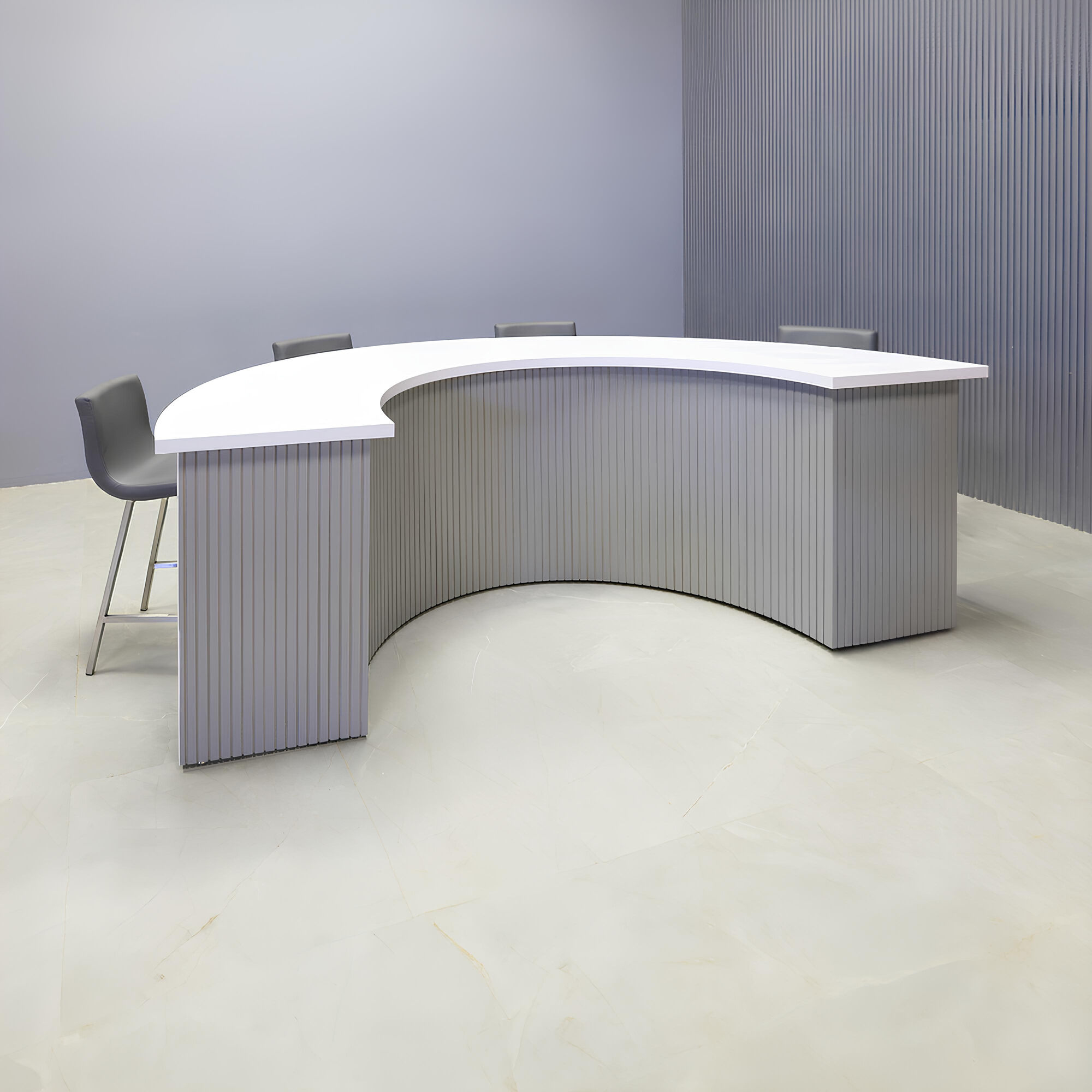 90-inch Handmade Custom Modern Podcast Table Half Moon in white matte laminate top & back base, and fog gray tambour front base.