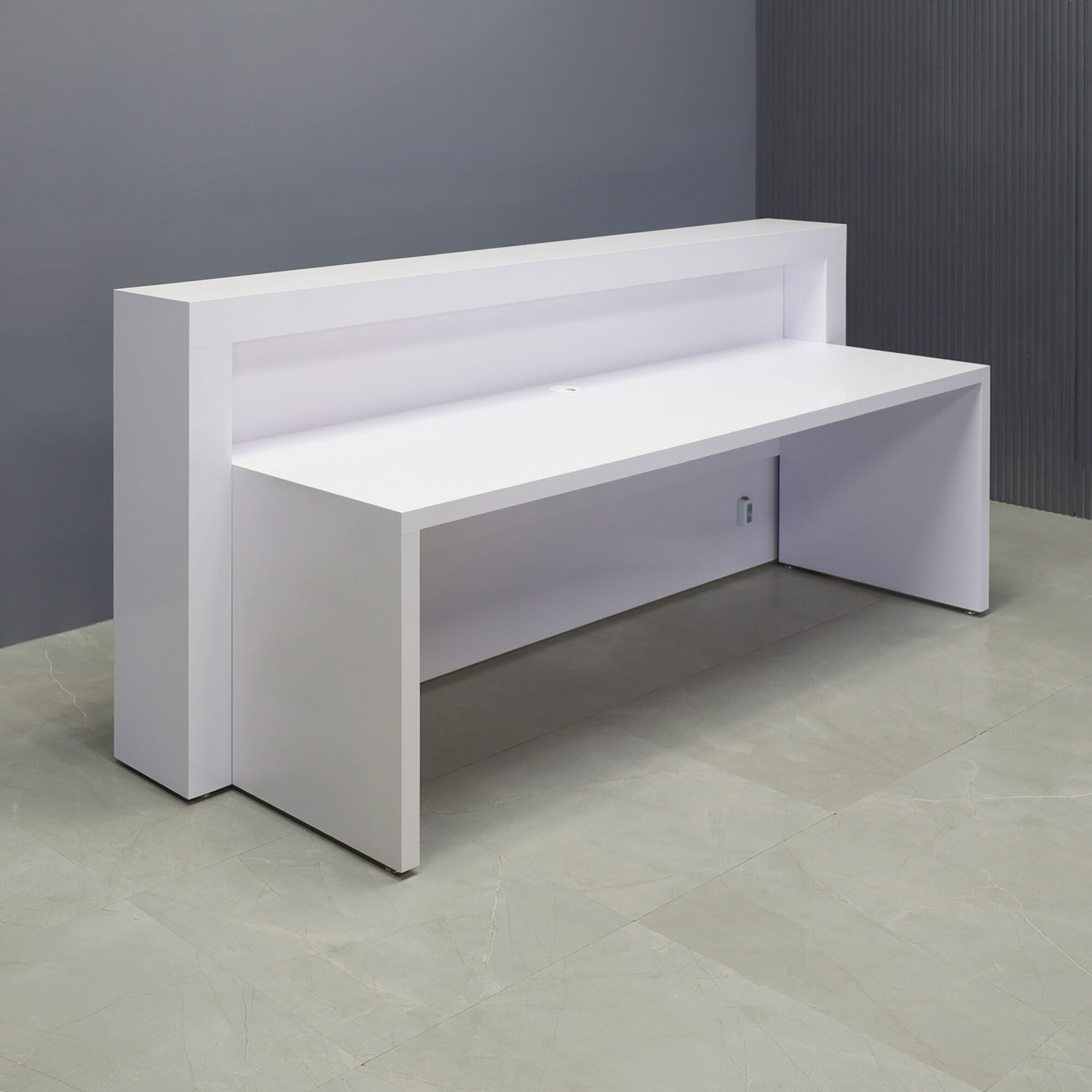 90-inch New York Straight Reception Desk in white matte PVC main desk, white matte PVC front panel, white matte PVC accent recessed, and color LED.