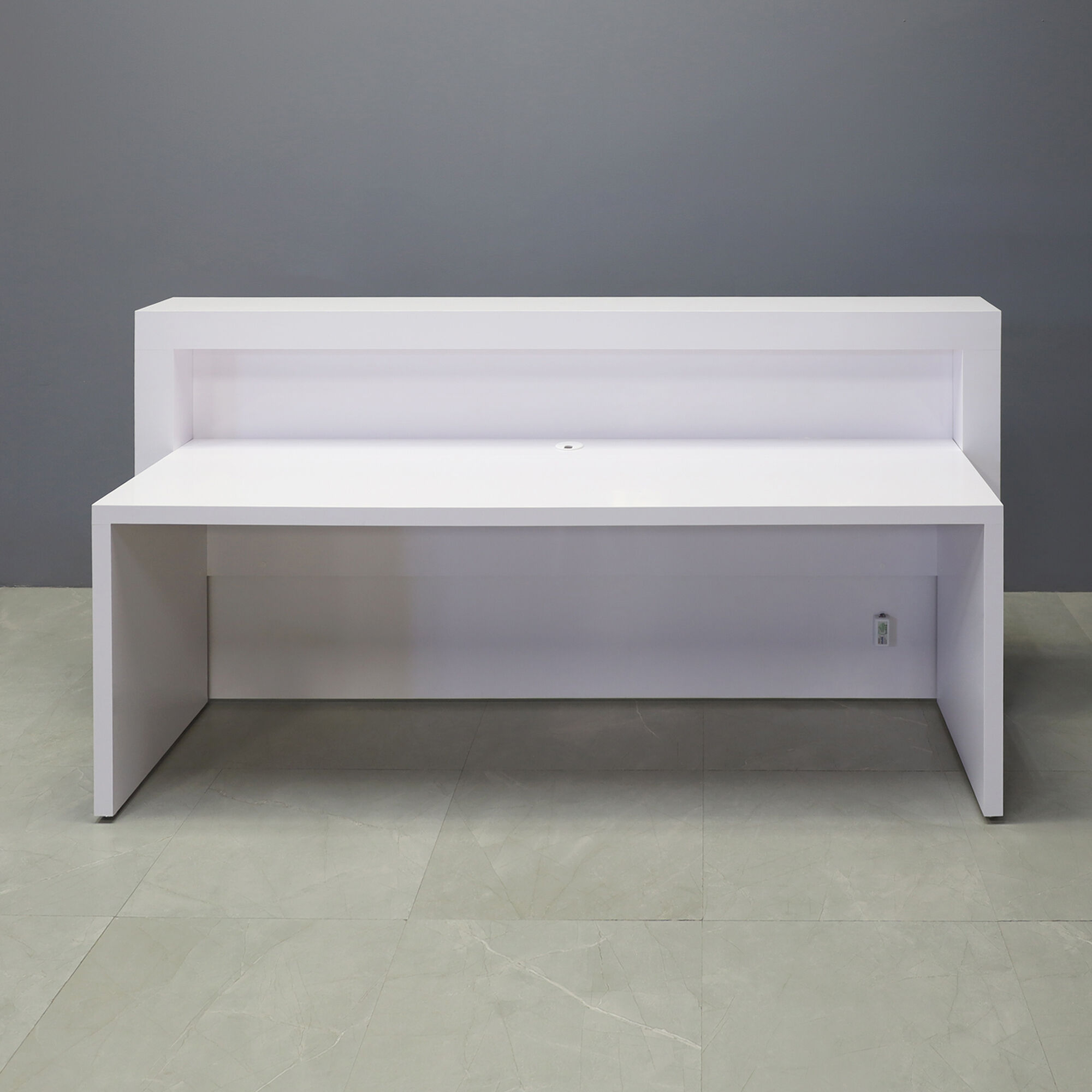 90-inch New York Straight Reception Desk in white matte PVC main desk, white matte PVC front panel, white matte PVC accent recessed, and color LED.