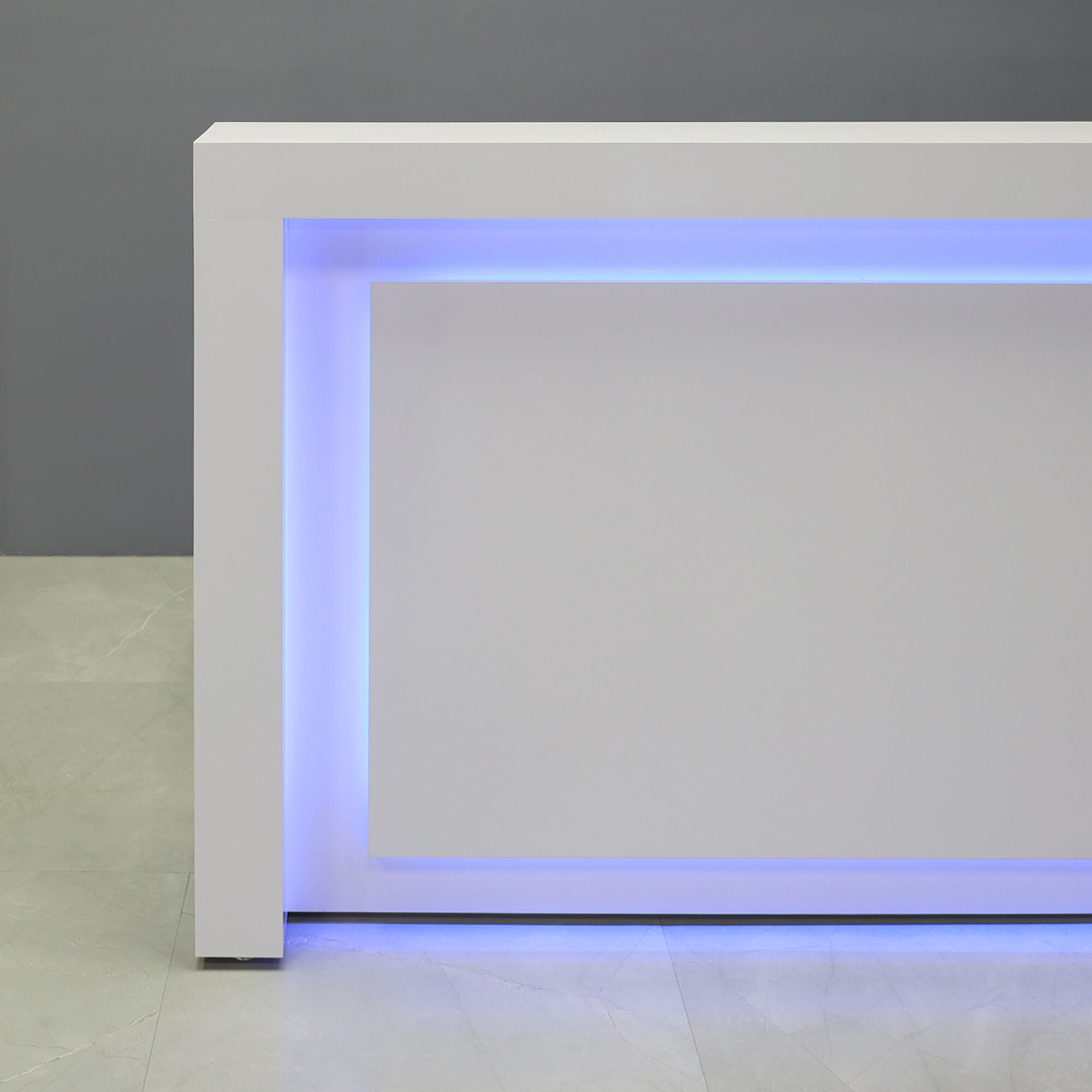90-inch New York Straight Reception Desk in white matte PVC main desk, white matte PVC front panel, white matte PVC accent recessed, and color LED.