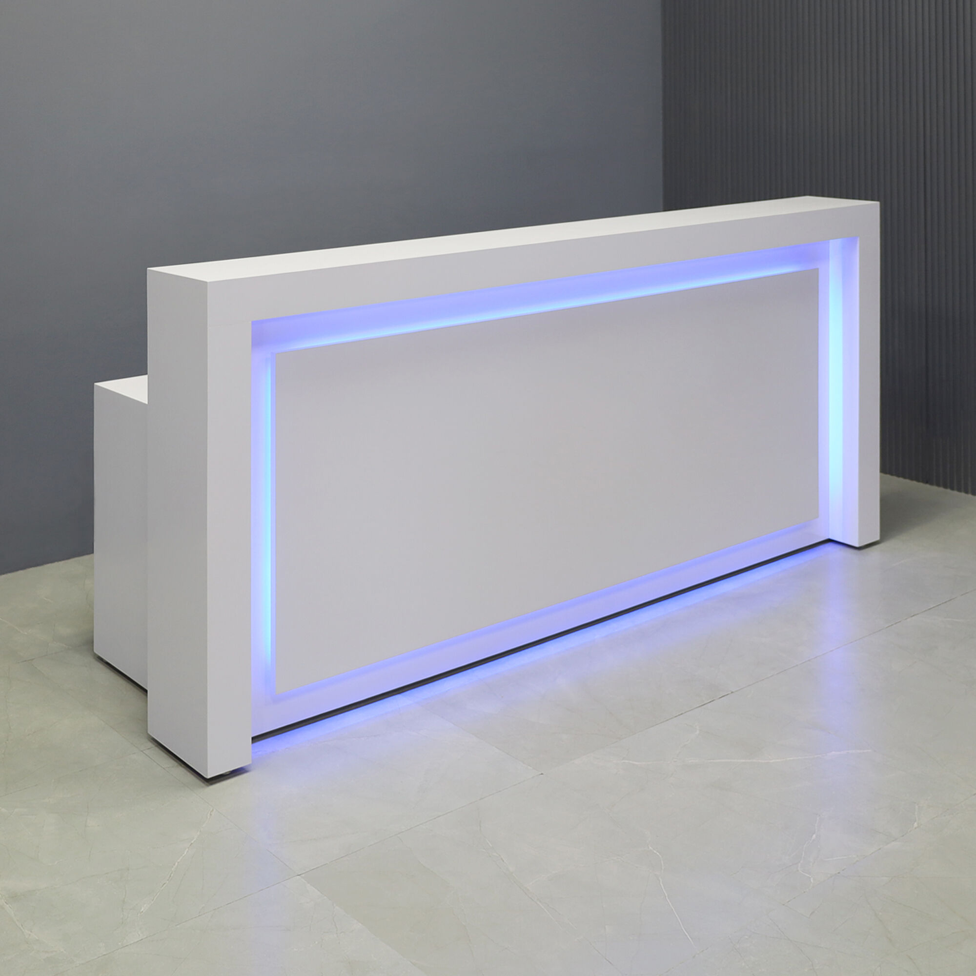 90-inch New York Straight Reception Desk in white matte PVC main desk, white matte PVC front panel, white matte PVC accent recessed, and color LED.