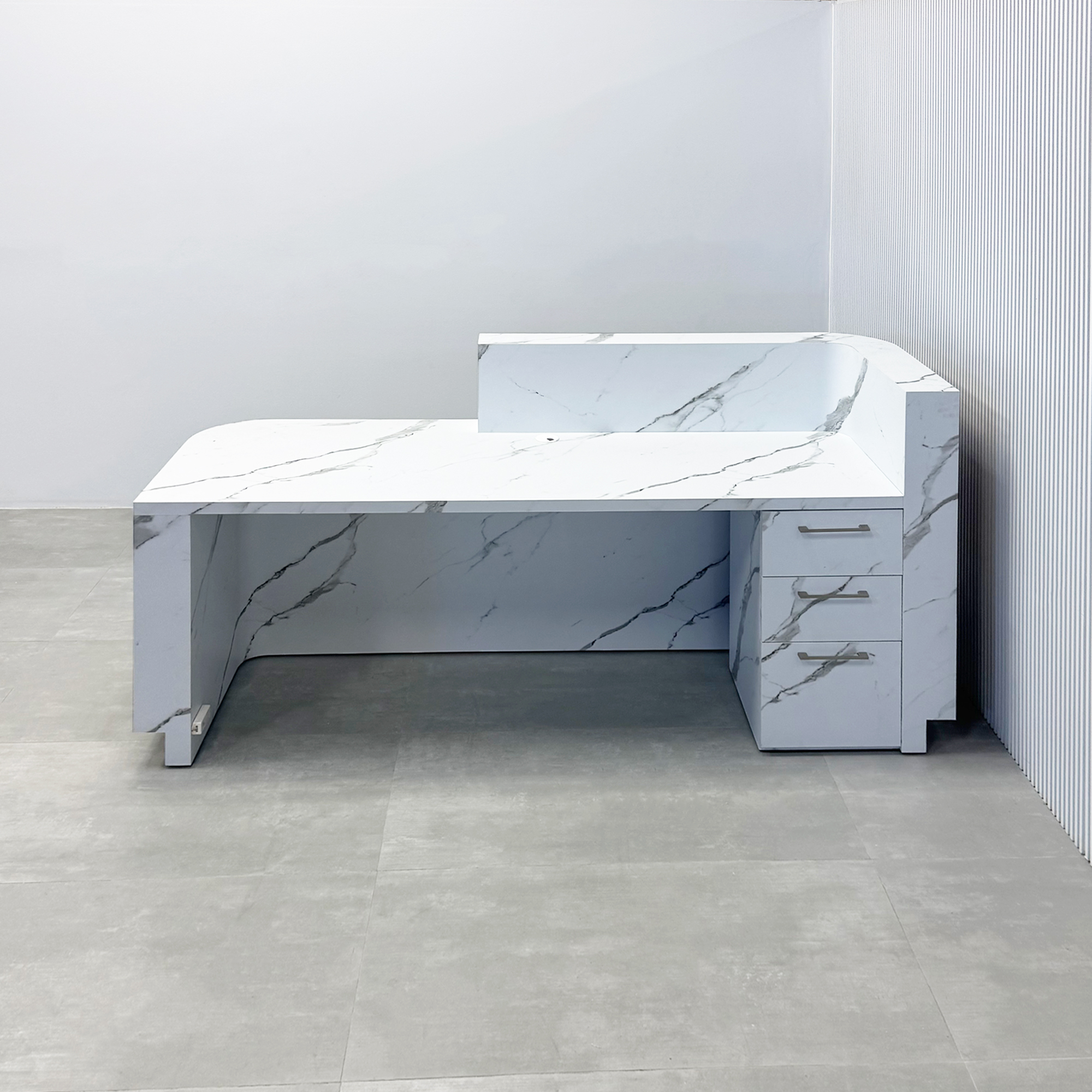 90-inch Nola Low Counter Reception Desk with a White Oak tambour desk, Calcutta stone PVC laminate workspace & storage, Gold aluminum toe-kick, and White LED.